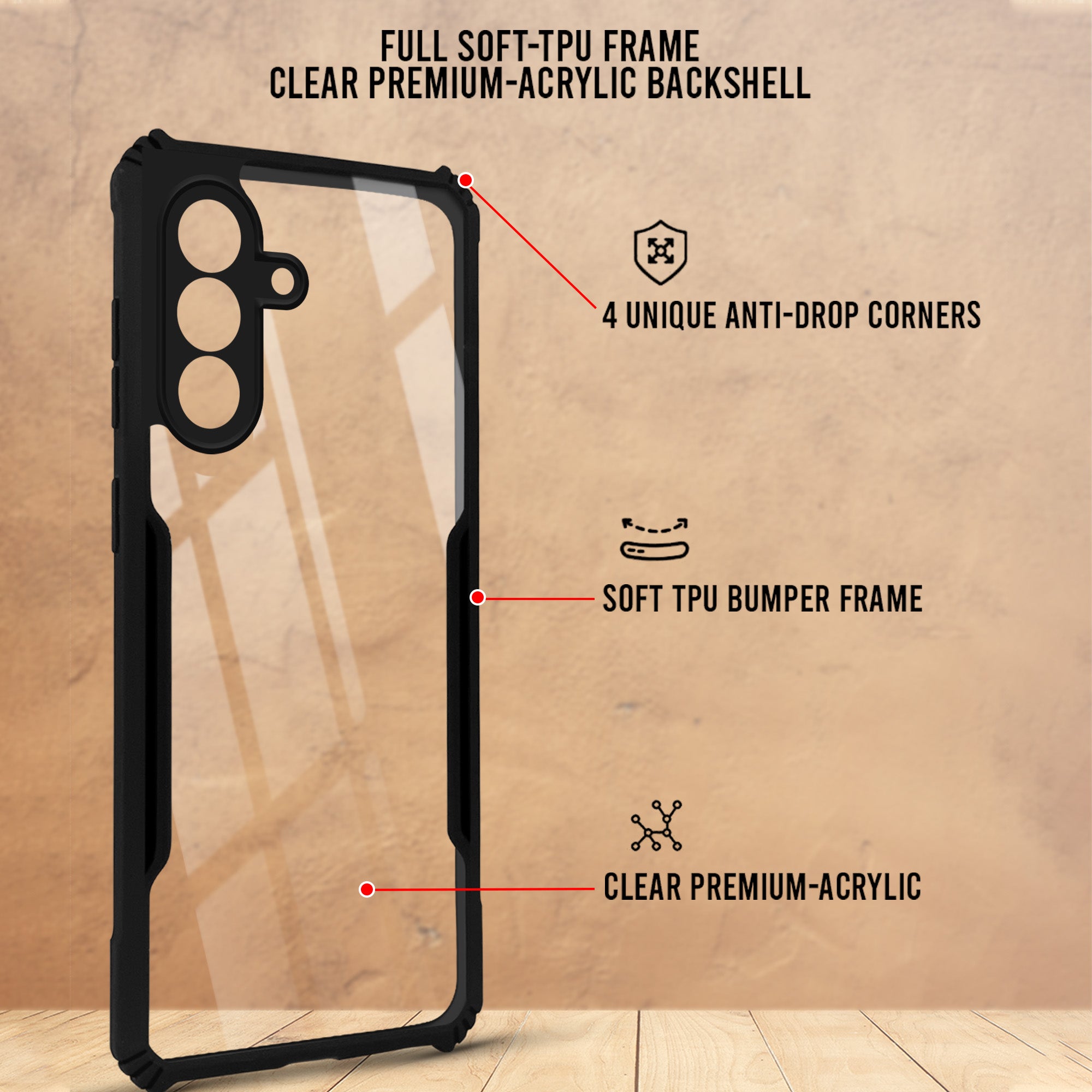 For Samsung Galaxy A57 5G Back Cover Case Hybrid (Shockproof with Polycarbonate Clear Panel | Professional Black)