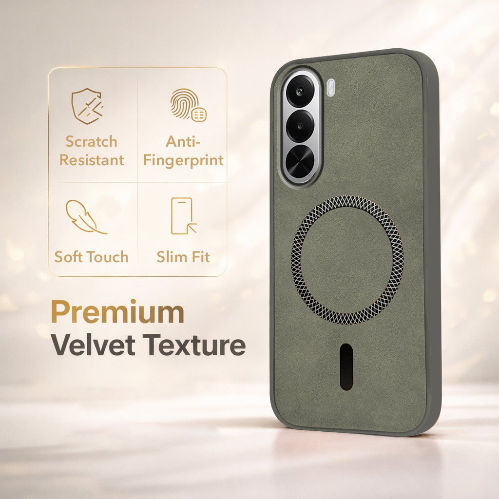 For Realme P4x Back Cover Case Leather Finish (MagSafe Compatible Wireless Charging | Soft Touch | Camera Bump Protection)