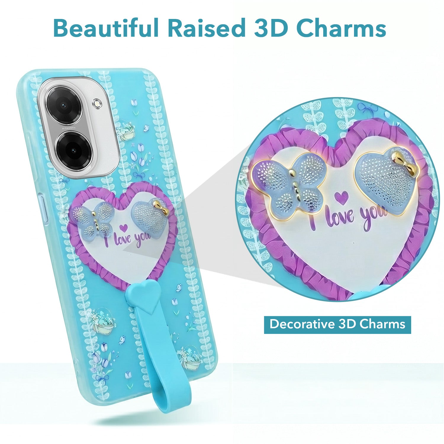 For Poco C71 Back Cover Case (3D Cute Heart Strap Holder | Camera Protection | Designer Girls Print)