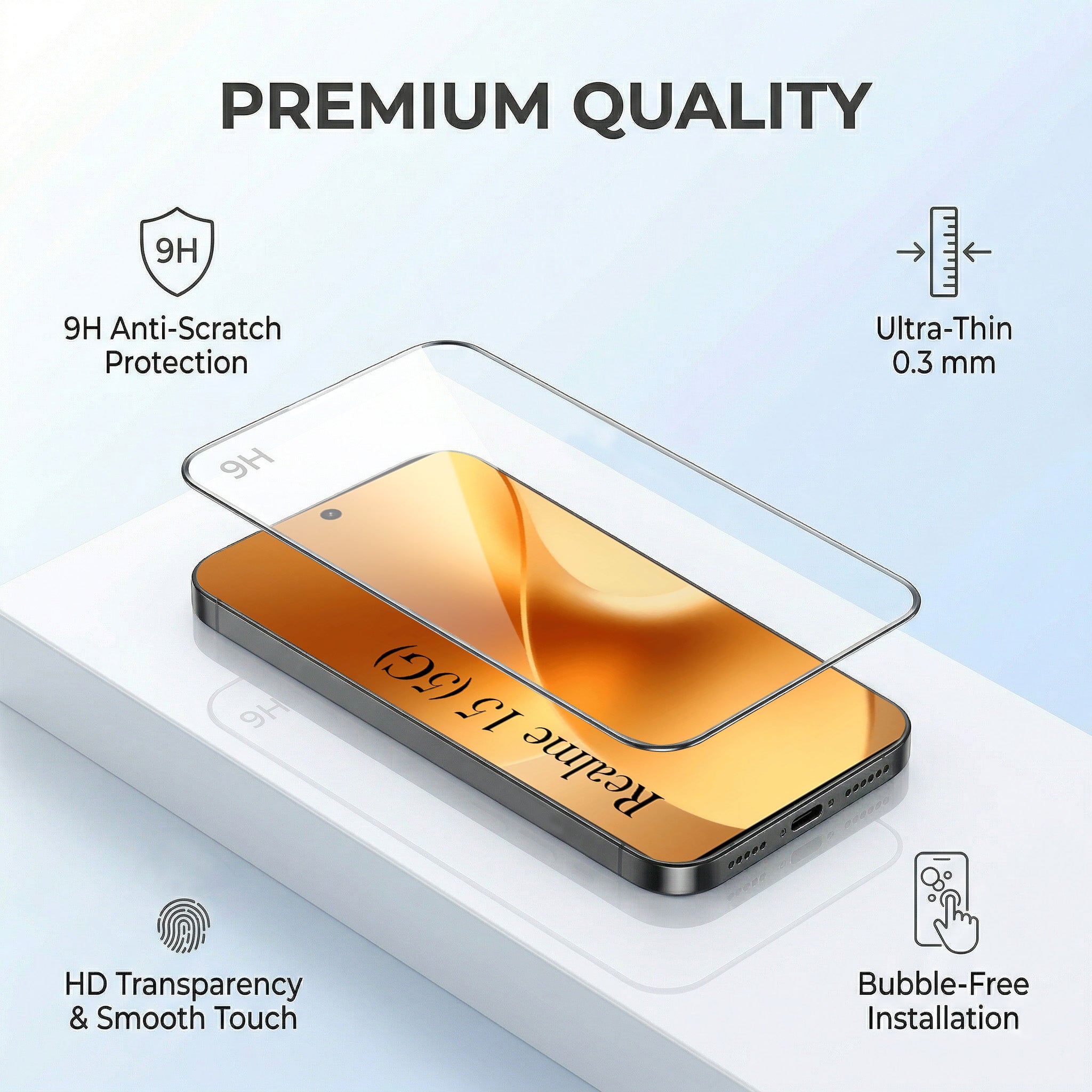 For Realme 15 Combo with Back Cover and 9H Tempered Glass (Textured Grip Design | Micro-Fiber Cloth Inside | Oleophobic Coating Screen Glass)