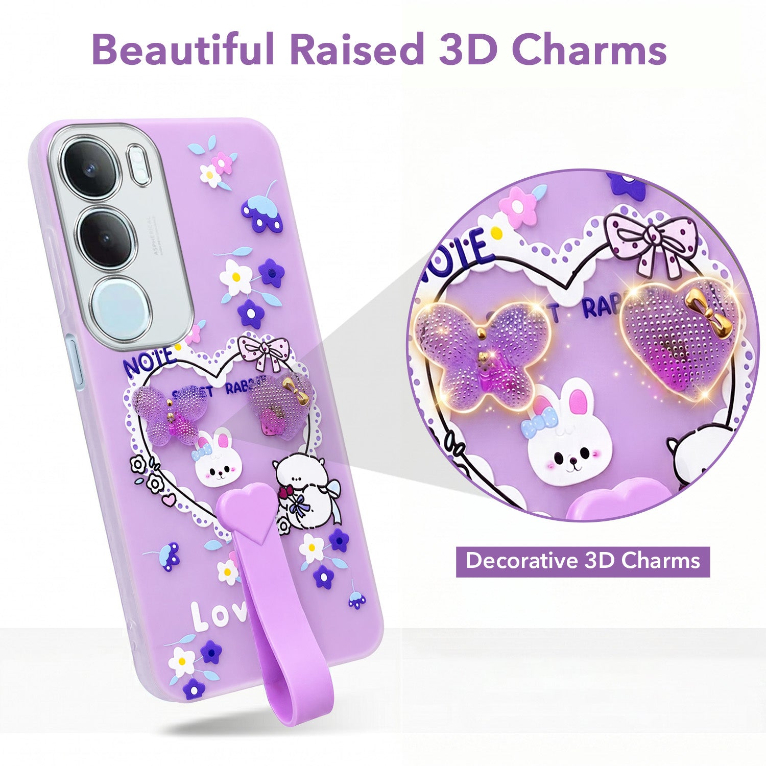 For Vivo Y29 Back Cover Case (3D Cute Heart Strap Holder | Camera Protection | Designer Girls Print)