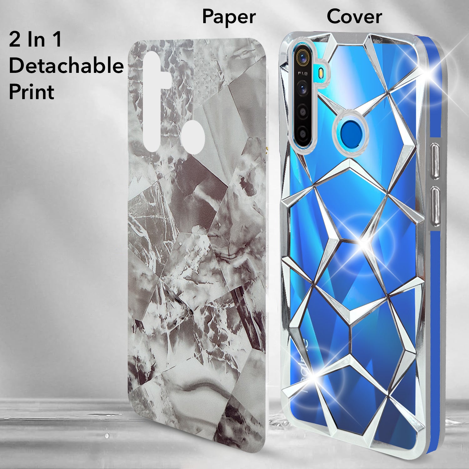For Realme 5 | 5s | 5i Back Cover Case (Dual Design Glitter Sparkle and Detachable Diamond Print Case | Soft and Flexible)