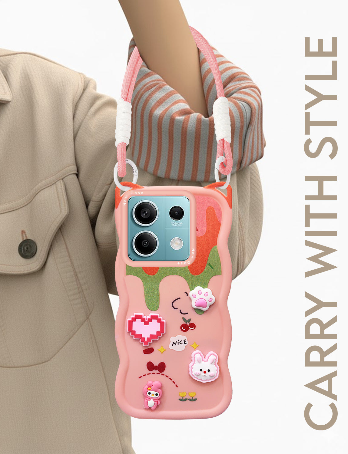 For Xiaomi Redmi Note 13 5G Back Case Cover Strap (3D embossed Figures | Strap Holder | 360* Soft Cushion with Camera Bump)