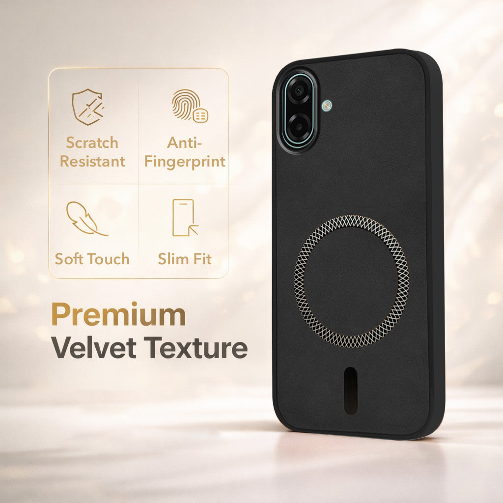 For Samsung Galaxy M17e Back Cover Case Leather Finish (MagSafe Compatible Wireless Charging | Soft Touch | Camera Bump Protection)