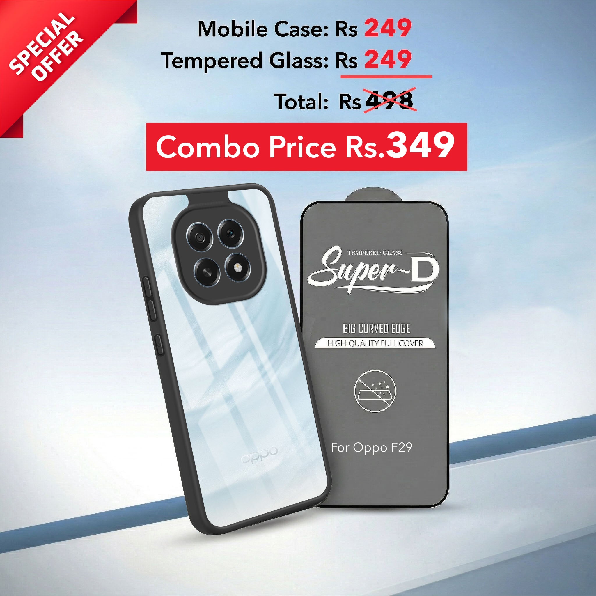 For Oppo F29 Combo with Back Cover and 9H Tempered Glass (Lifetime Anti-Yellow | Crystal Clear Shockproof | Oleophobic Coating Screen Glass)