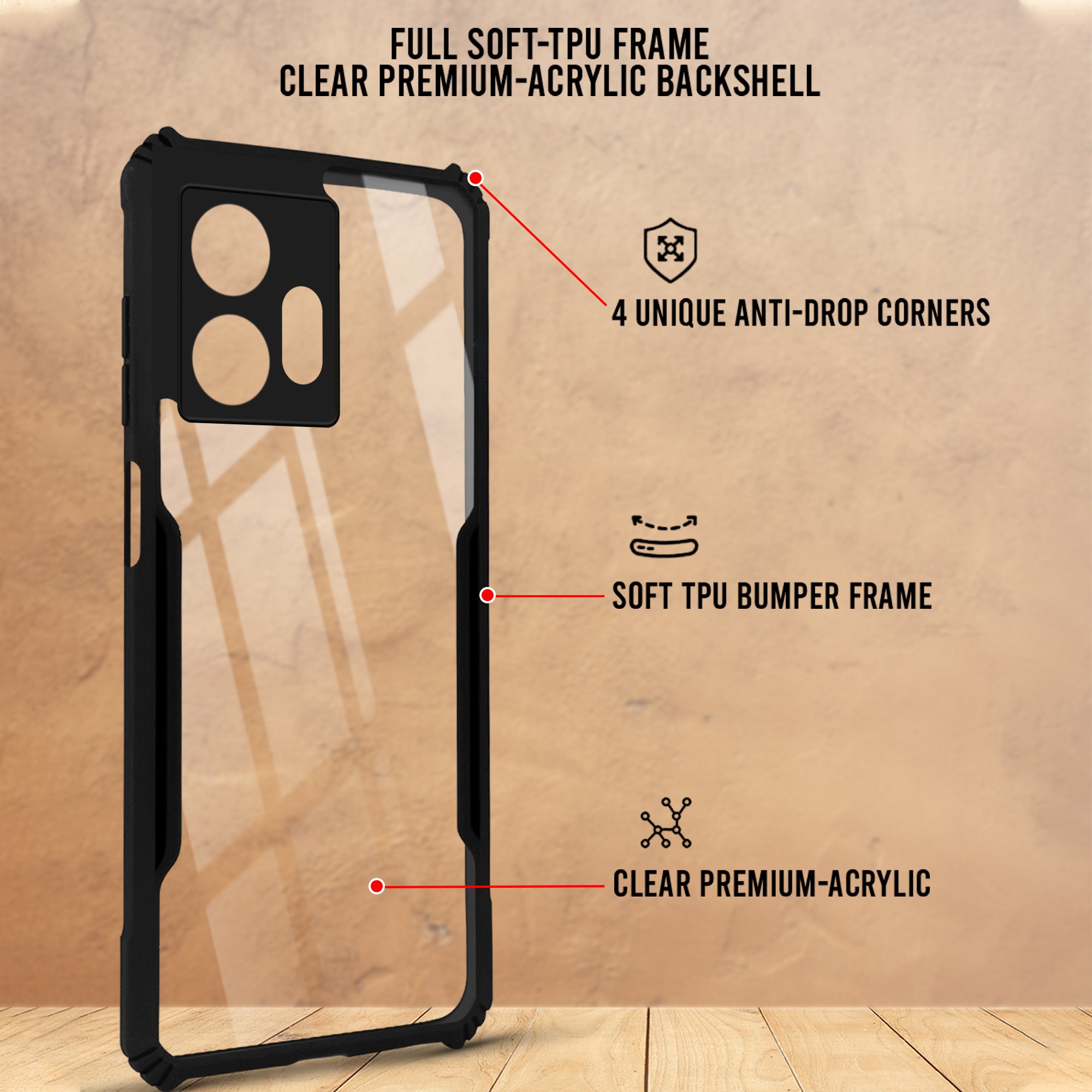 For HMD Crest 5G Back Cover Case ( Shockproof with Polycarbonate Clear Panel | Professional Black)