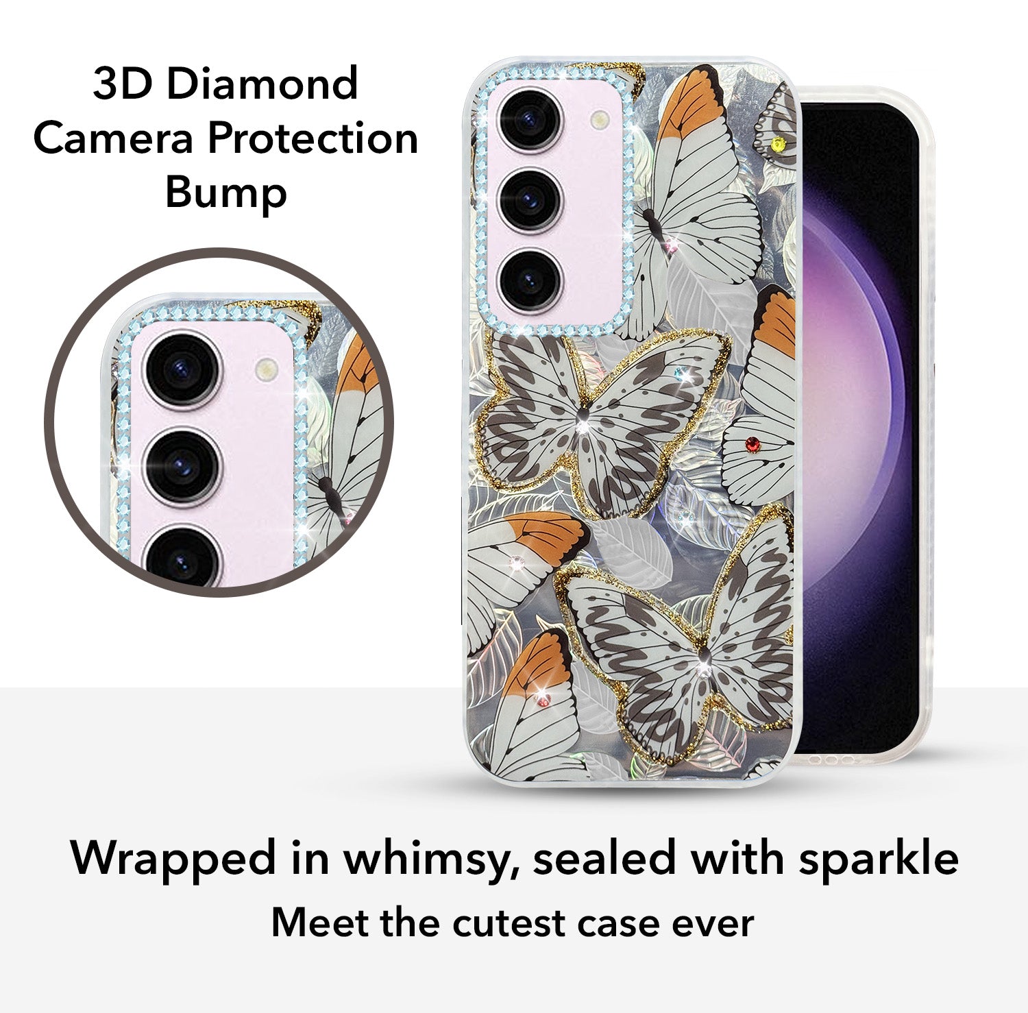 For Samsung Galaxy S23 5G Back Cover Case (Luxury Floral Glitter Cute Butterfly | Diamond Studded Camera Bump | Girls & Women Design)