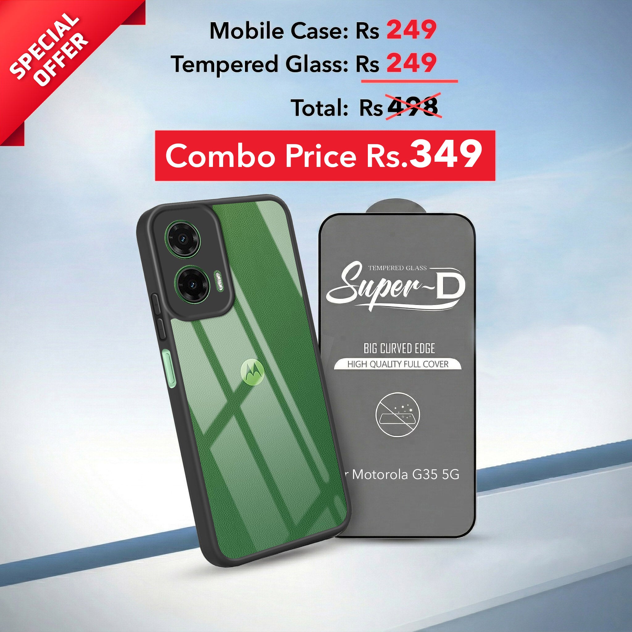 For Motorola Moto G35 5G Combo with Back Cover and 9H Tempered Glass (Lifetime Anti-Yellow | Crystal Clear Shockproof | Oleophobic Coating Screen Glass)