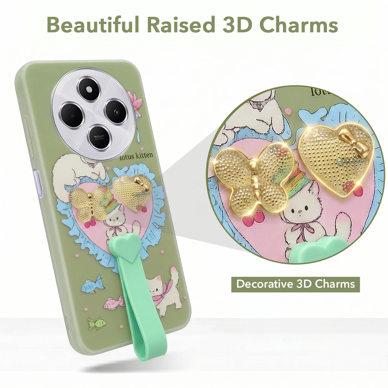 For Redmi A4 5G | Xiaomi Redmi 14C Back Cover Case (3D Cute Heart Strap Holder | Camera Protection | Designer Girls Print)
