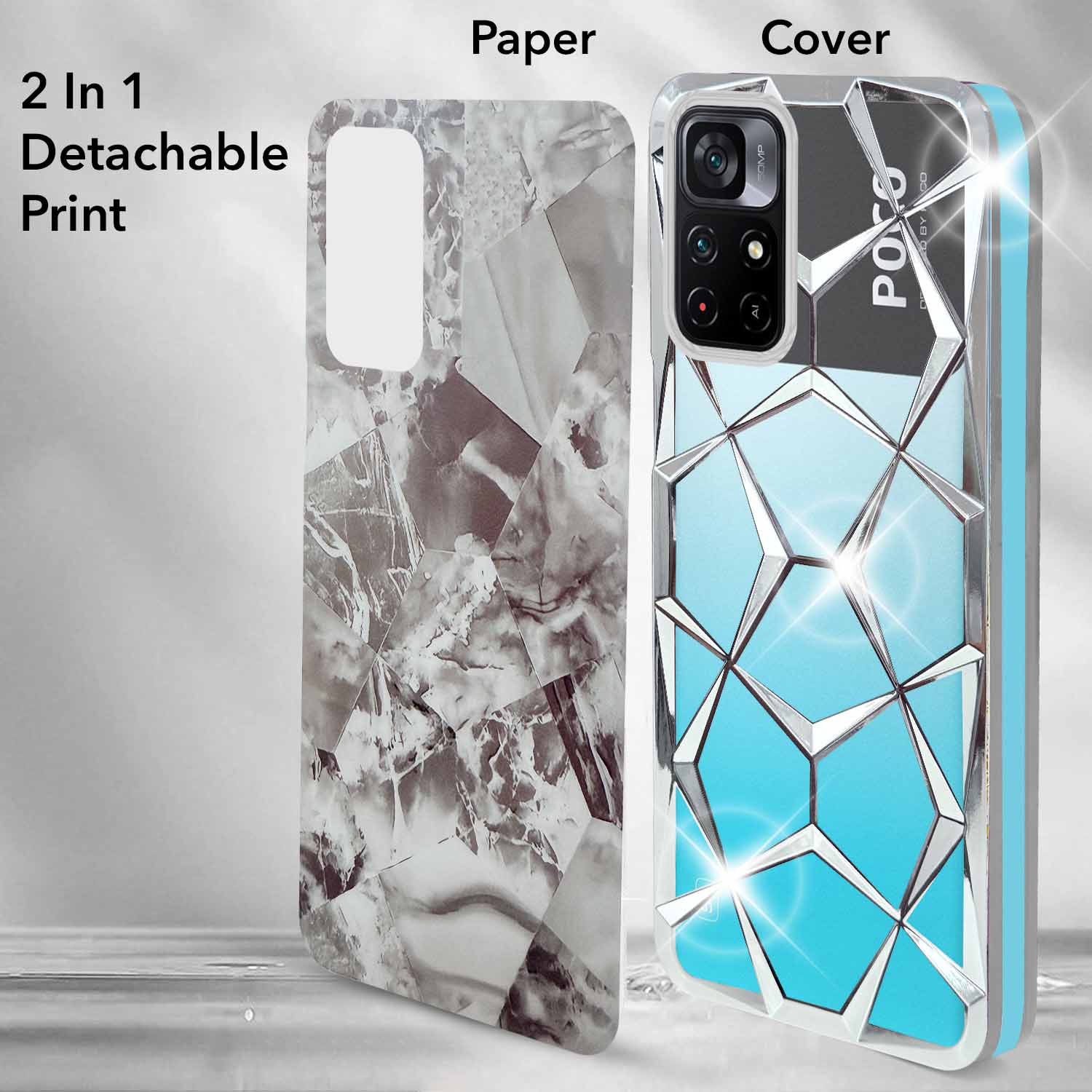 For Poco M4 Pro 5G Back Cover Case 3D Silicone Compatible (Dual Design Glitter Sparkle and Detachable Diamond Print Case | Soft and Flexible)
