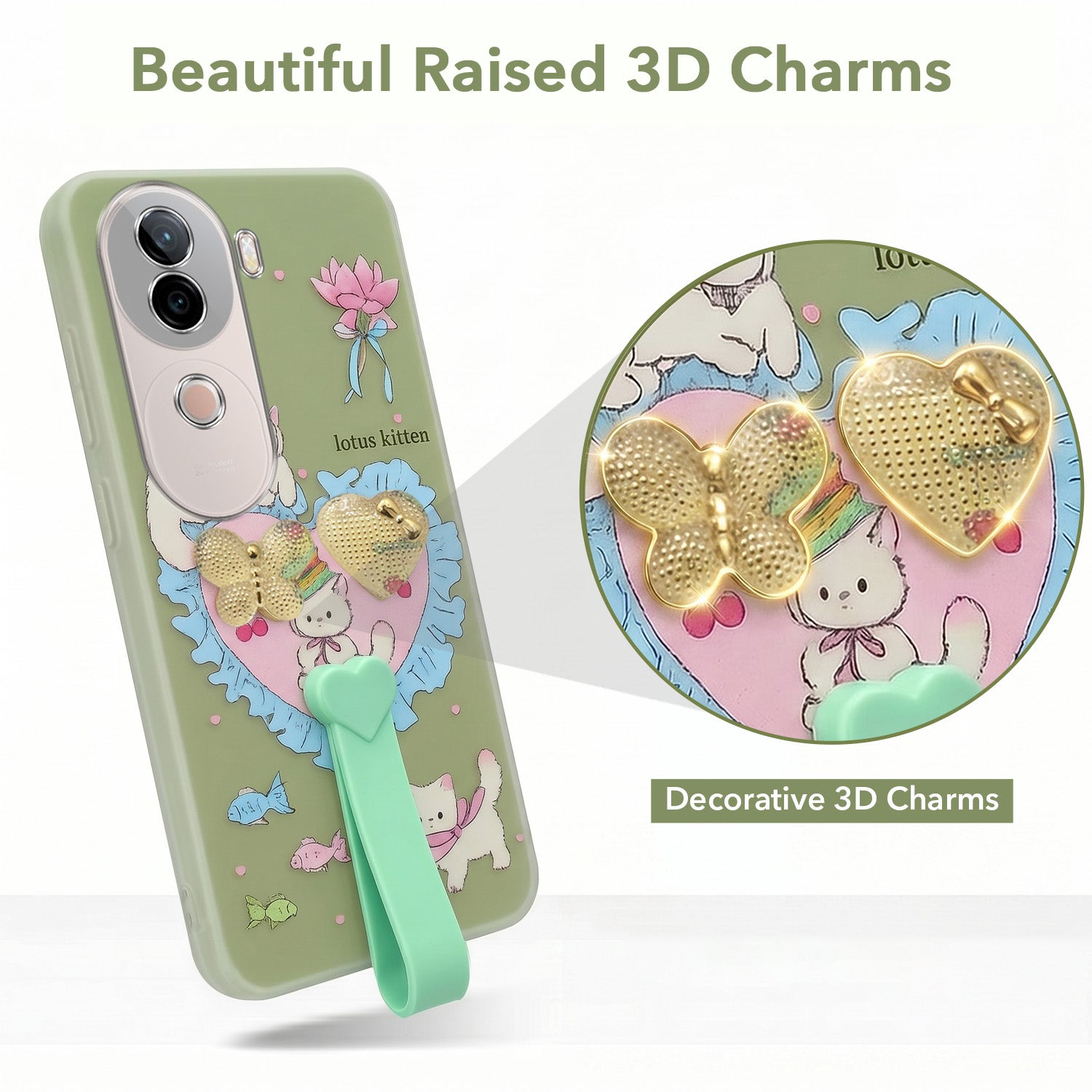 For Vivo V40e Back Cover Case (3D Cute Heart Strap Holder | Camera Protection | Designer Girls Print)