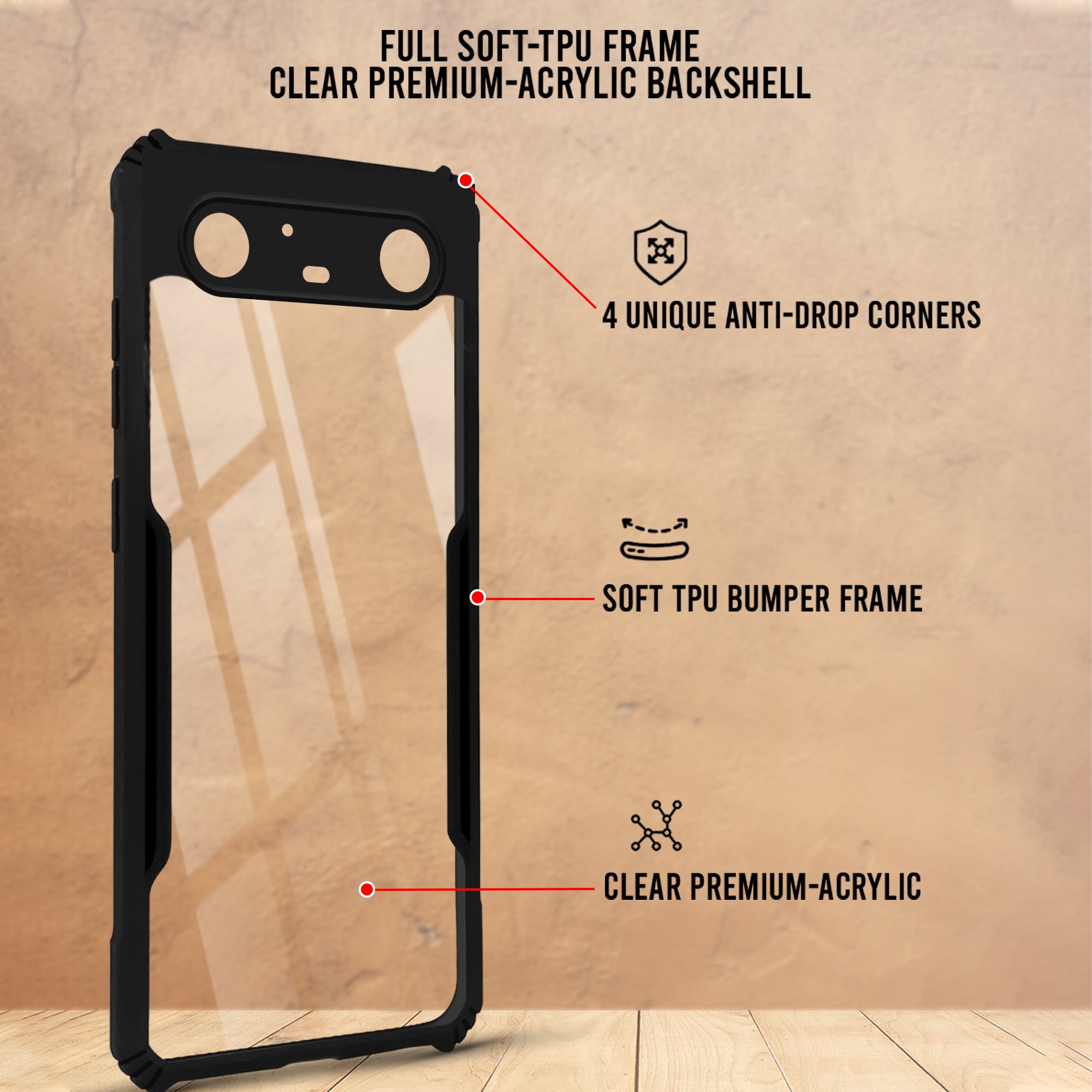 For Tecno Pova Slim Back Cover Case Hybrid (Shockproof with Polycarbonate Clear Panel | Professional Black)