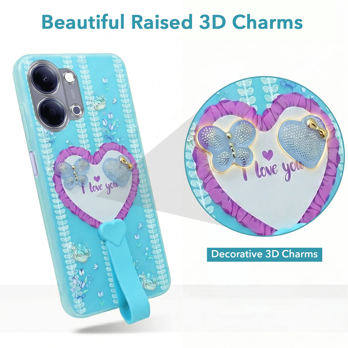 For Vivo Y05 (4G) | Vivo T5 Lite (5G) Back Cover Case (3D Cute Heart Strap Holder | Camera Protection | Designer Girls Print)