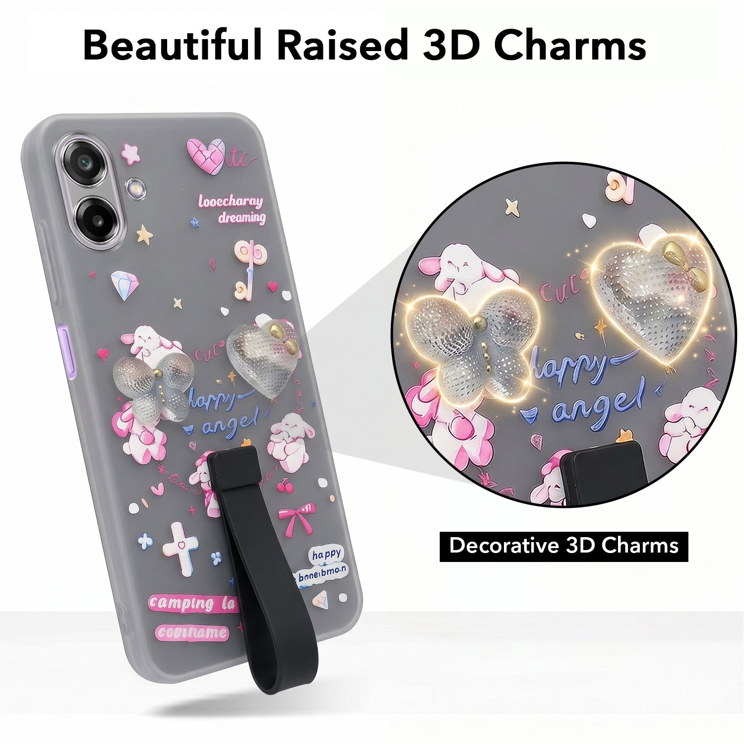 For Samsung Galaxy M17e Back Cover Case (3D Cute Heart Strap Holder | Camera Protection | Designer Girls Print)