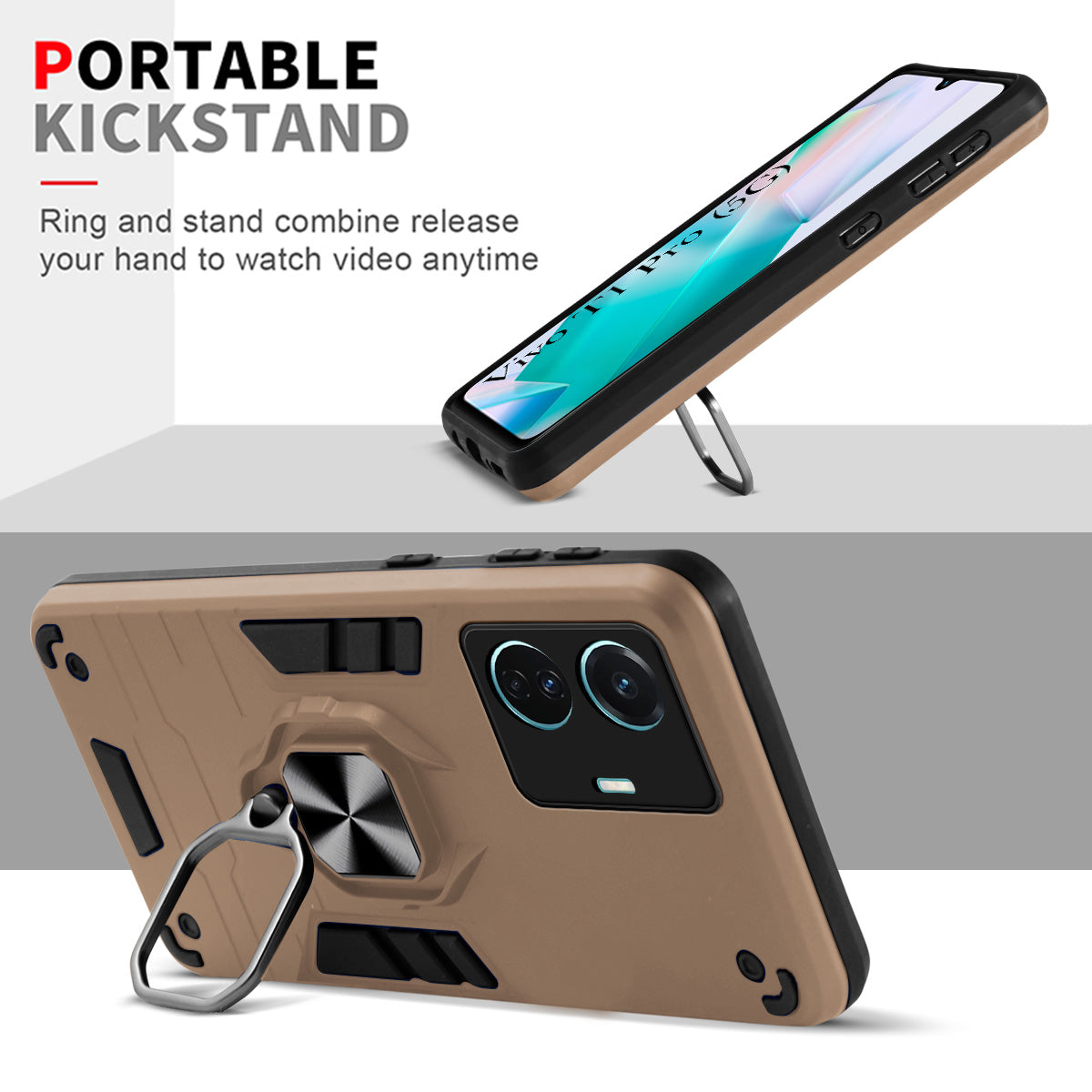 For Vivo T1 Pro 5G Back Cover Case Hybrid Armor (Shockproof Dual Layer Polycarbonate |Ring Holder Kickstand)