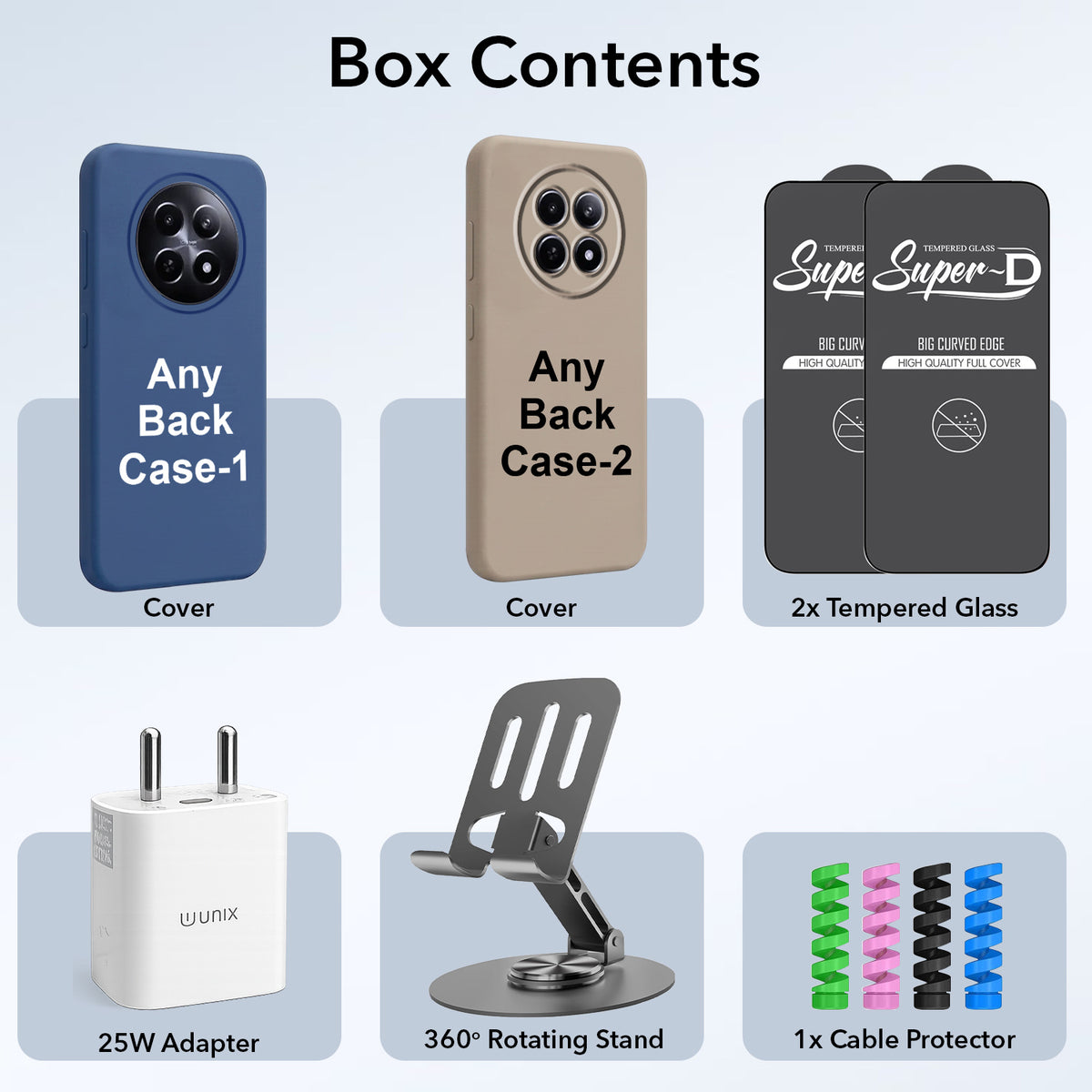 Complete Mobile Care Kit (Get Any 2 Cases+2 Tempered Glass+25W Charger Adapter+Metallic Mobile Stand+Cable Protector)