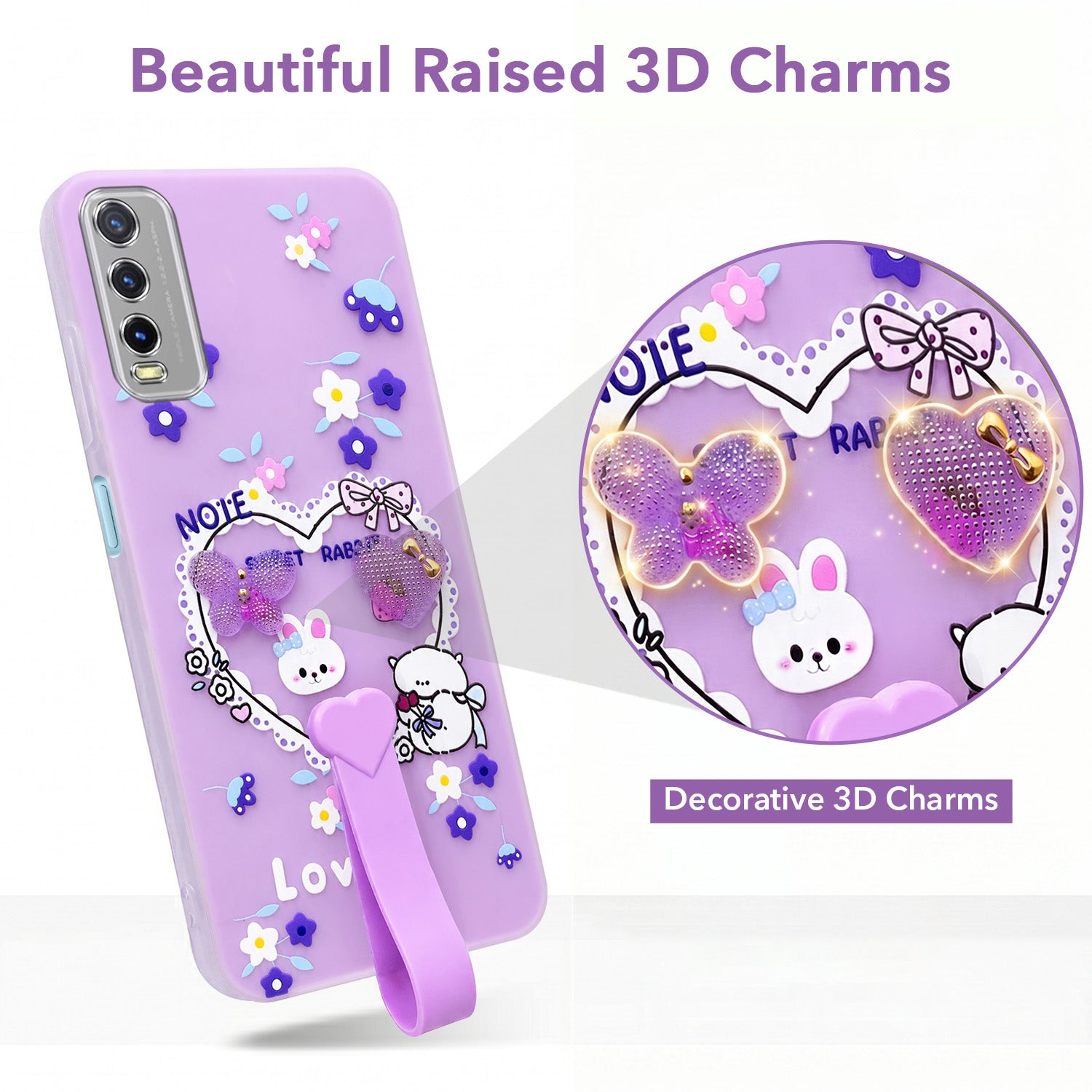 For Vivo Y20 | Y20i  Back Cover Case (3D Cute Heart Strap Holder | Camera Protection | Designer Girls Print)