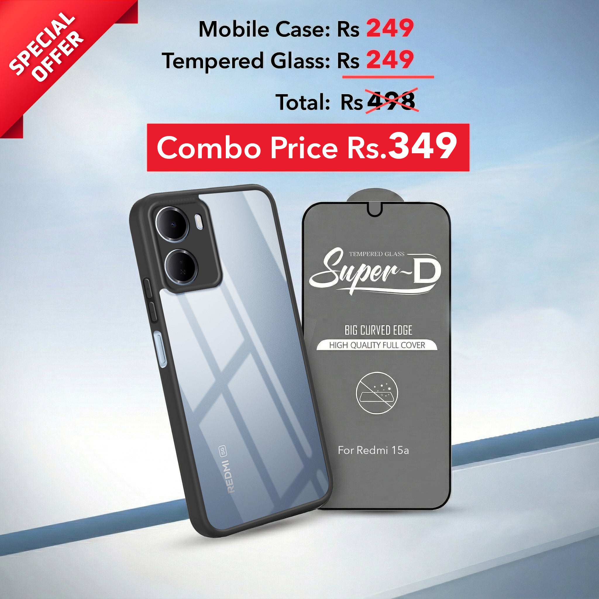 For Redmi 15A 5G Combo with Back Cover and 9H Tempered Glass (Lifetime Anti-Yellow | Crystal Clear Shockproof | Oleophobic Coating Screen Glass)