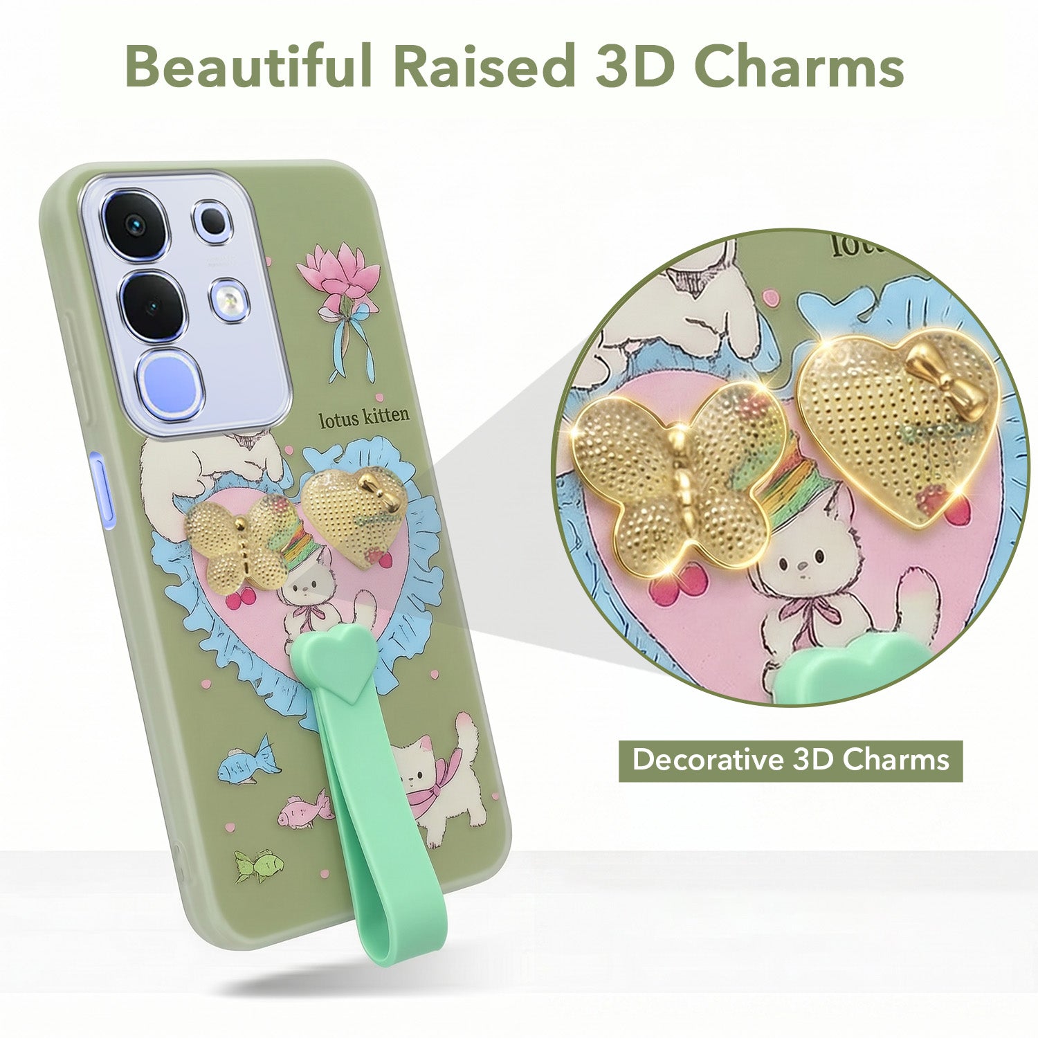 For Vivo iQOO Z10x Back Cover Case (3D Cute Heart Strap Holder | Camera Protection | Designer Girls Print)