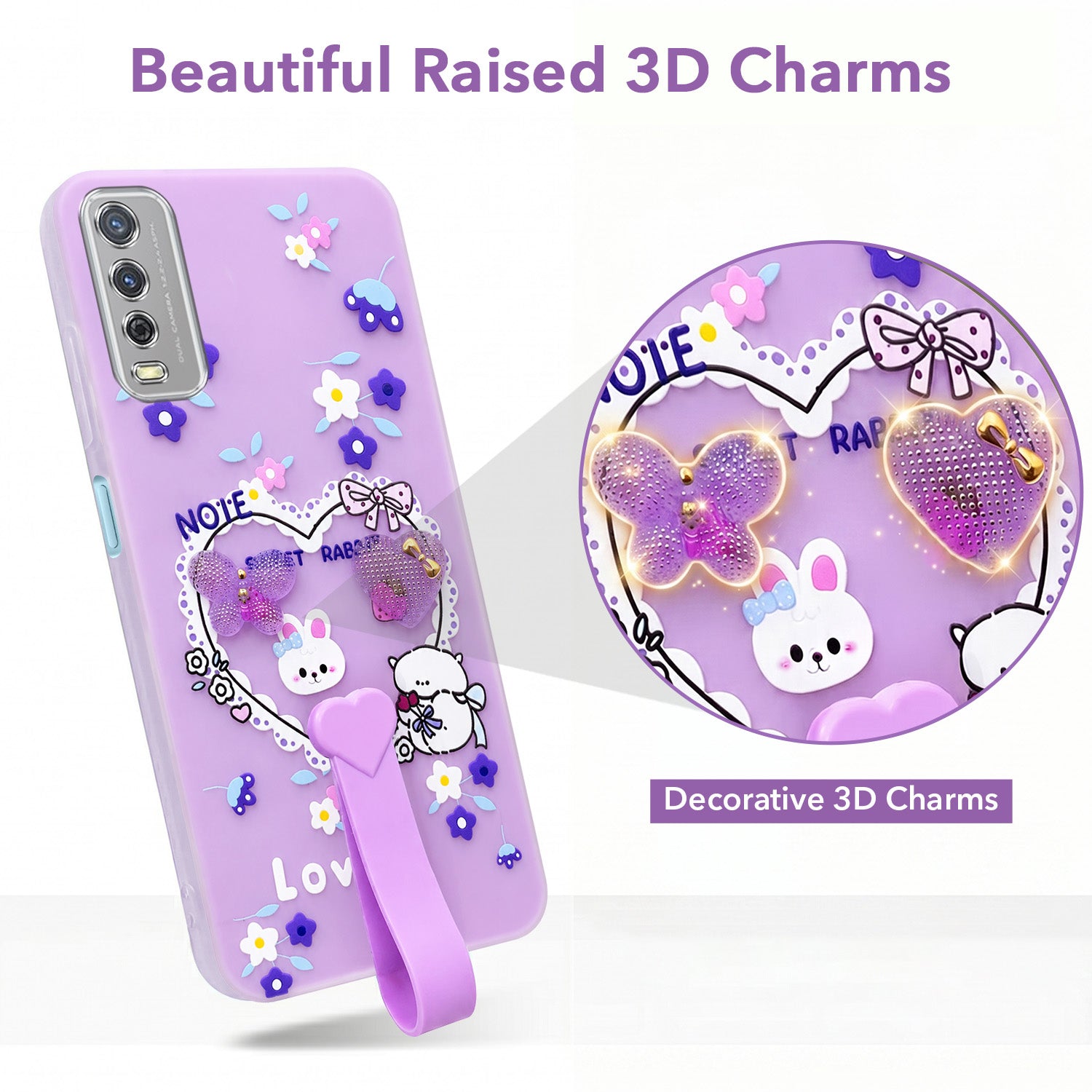 For Vivo Y12s | Y11s | Y12G Back Cover Case (3D Cute Heart Strap Holder | Camera Protection | Designer Girls Print)