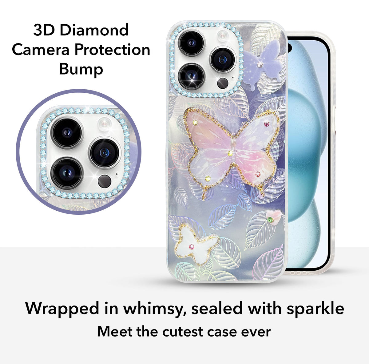 For Apple iPhone 14 Pro Back Cover Case (Luxury Floral Glitter Cute Butterfly | Diamond Studded Camera Bump | Girls & Women Design)