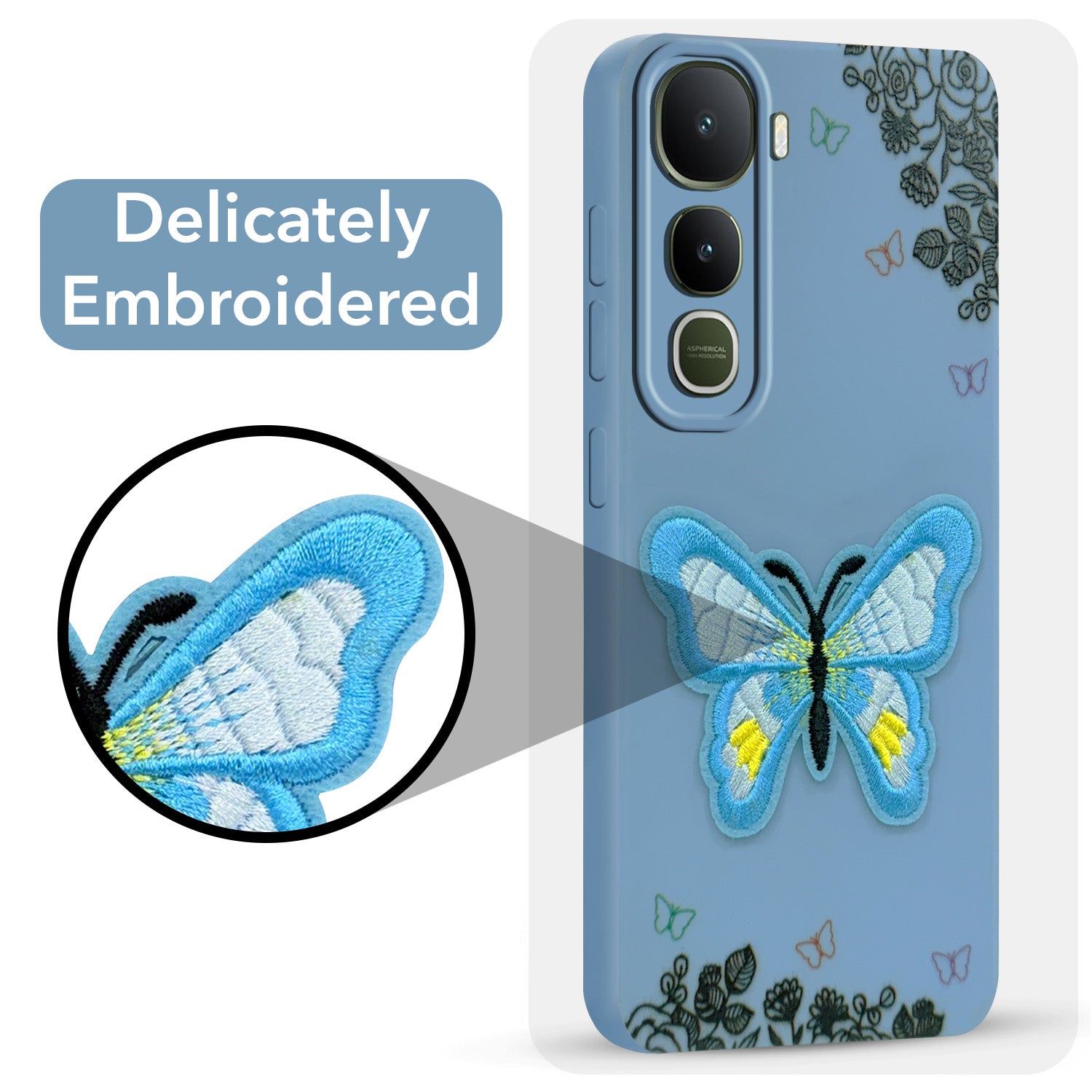 For Vivo Y400 Back Cover Case (Soft Butterfly Embroidery | Women Teen Girls | Camera Protection| Matte Silicone)