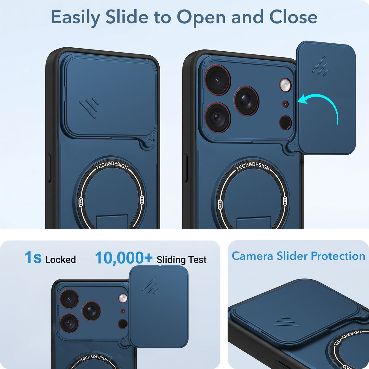 For Apple iPhone 18 Pro Back Case Cover Metallic (Hybrid Armor Kickstand | Sliding Shutter Camera Protection | MagSafe Compatible)