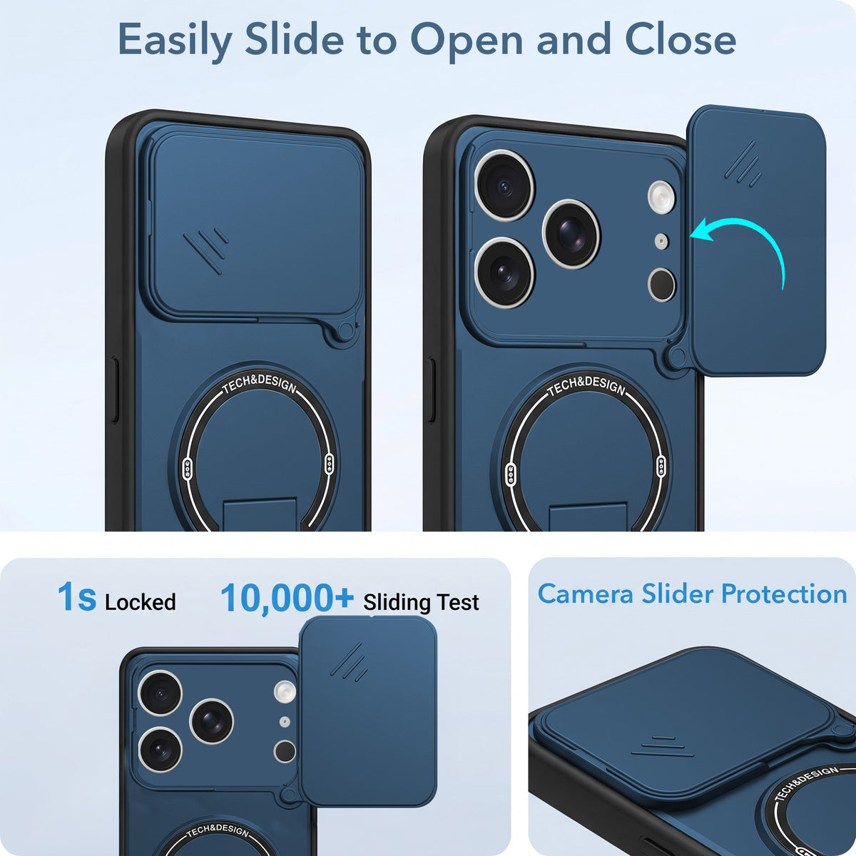 For Apple iPhone 17 Pro Back Case Cover Metallic (Hybrid Armor Kickstand | Sliding Shutter Camera Protection | MagSafe Compatible)