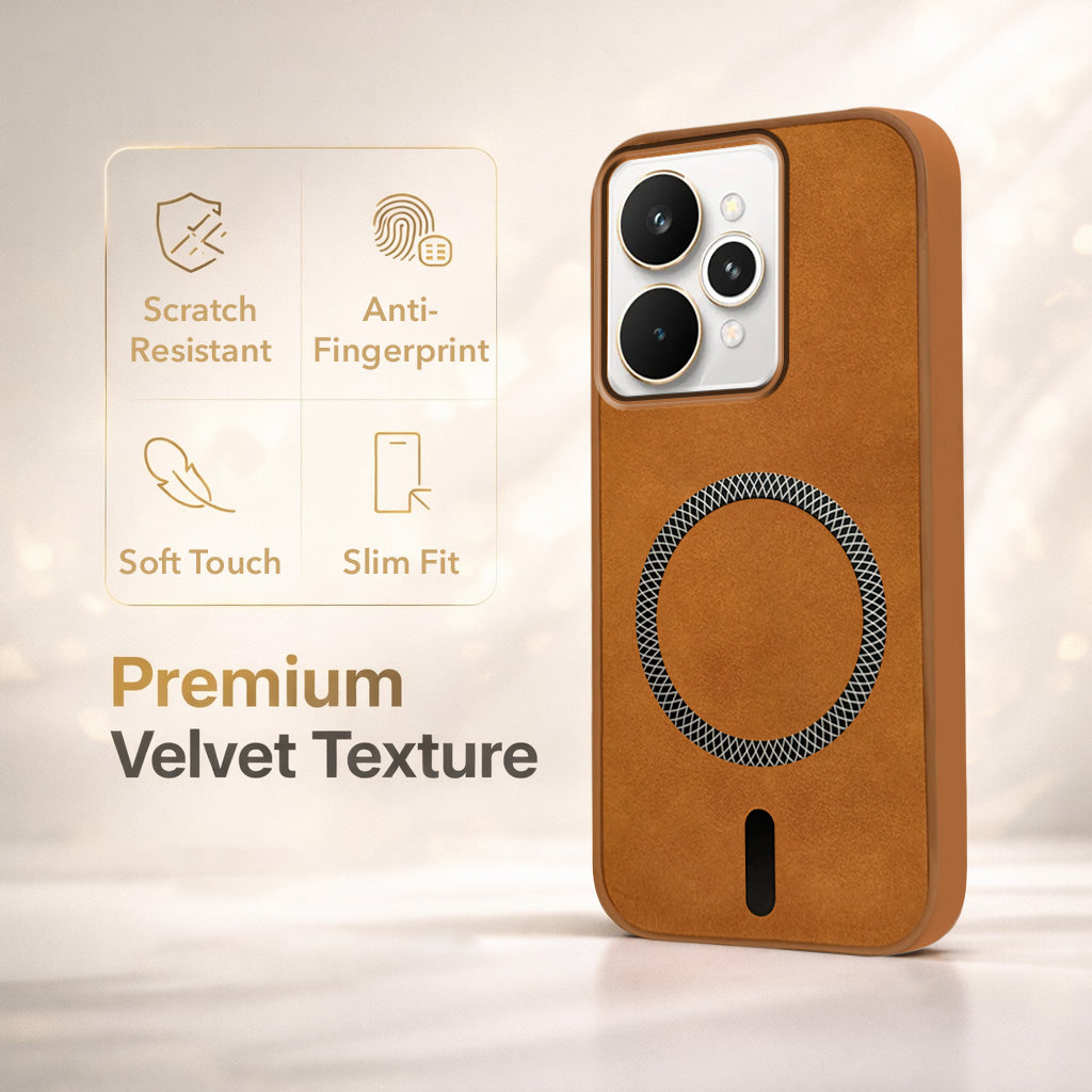 For Realme 15 Back Cover Case Leather Finish (MagSafe Compatible Wireless Charging | Soft Touch | Camera Bump Protection)