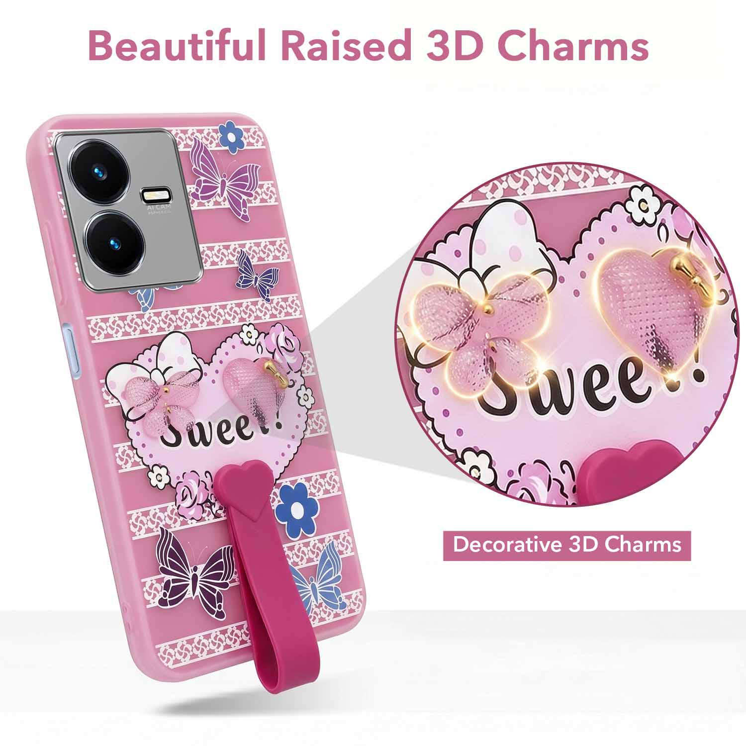 For Vivo Y22 | Vivo Y22s Back Cover Case (3D Cute Heart Strap Holder | Camera Protection | Designer Girls Print)