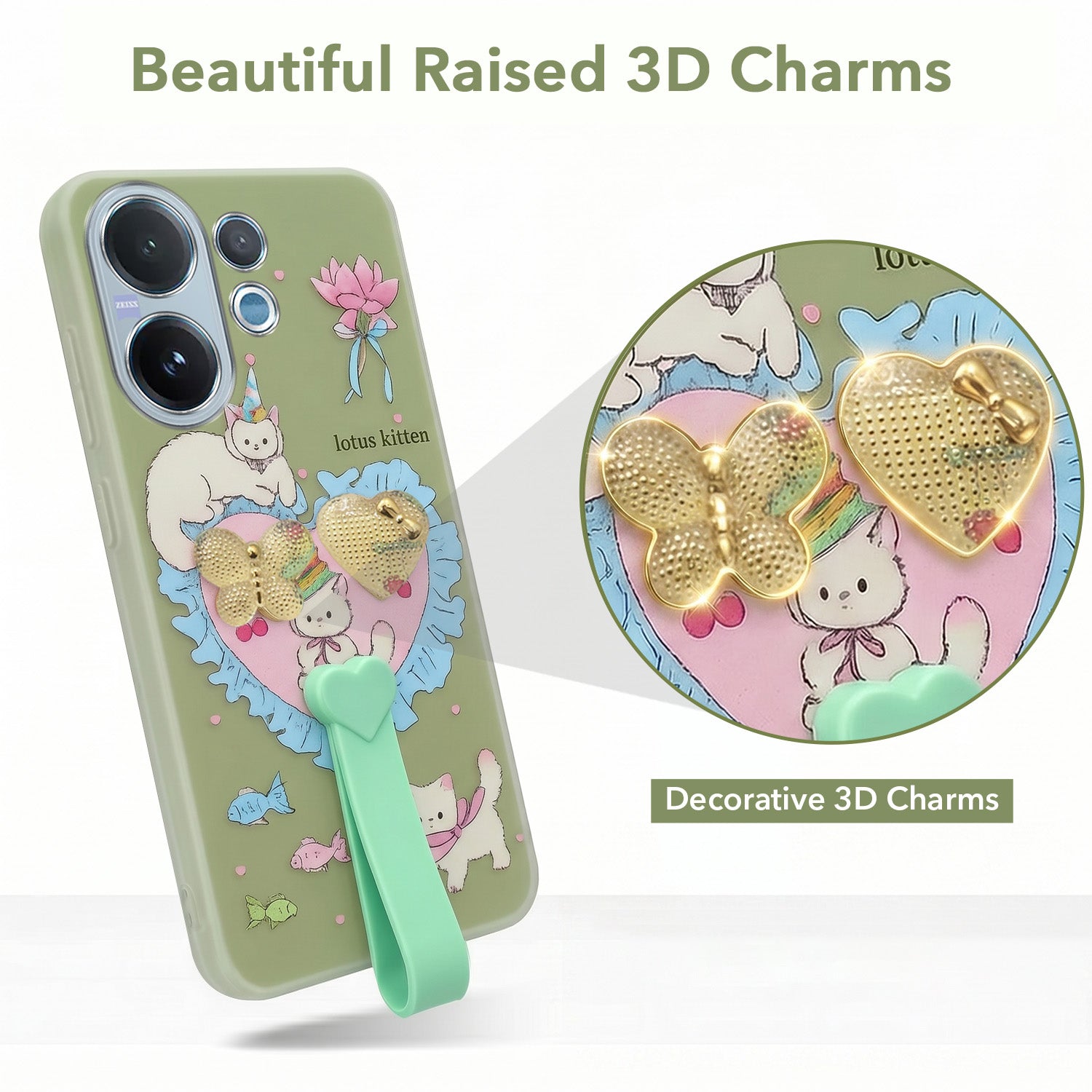 For Vivo V60 | Vivo T4 Pro Back Cover Case (3D Cute Heart Strap Holder | Camera Protection | Designer Girls Print)