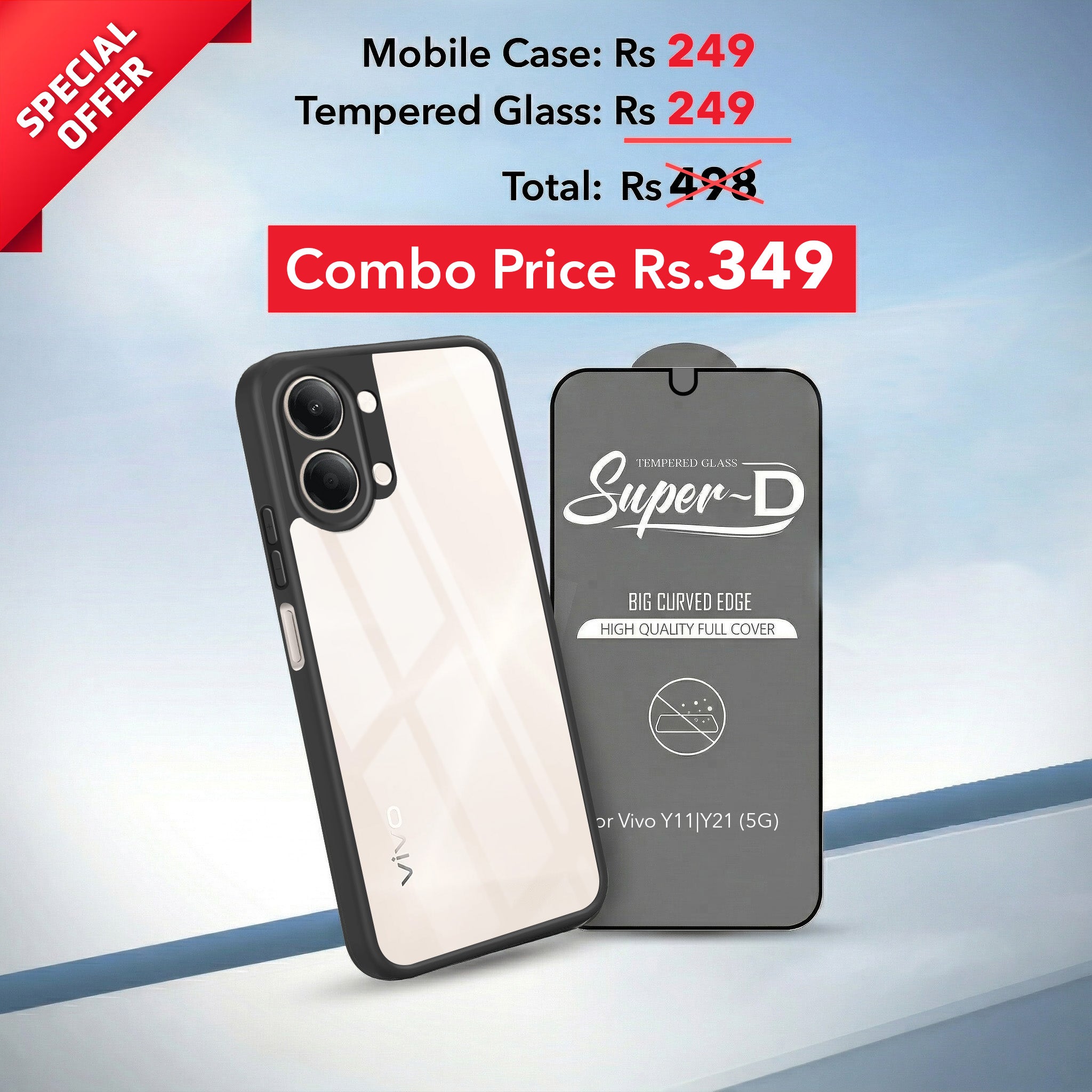 For Vivo Y11 | Vivo Y21 5G Combo with Back Cover and 9H Tempered Glass (Lifetime Anti-Yellow | Crystal Clear Shockproof | Oleophobic Coating Screen Glass)
