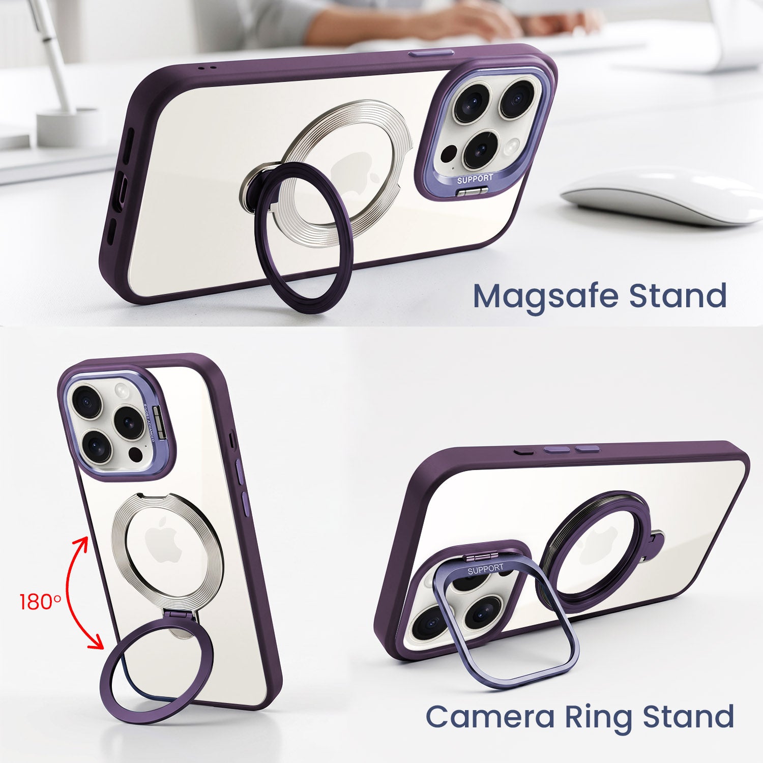 For Apple iPhone 15 Pro Back Cover Case Crystal (Lifetime Anti Yellow | Magnetic Ring Stand | Camera Lens Protection | MagSafe Compatible)