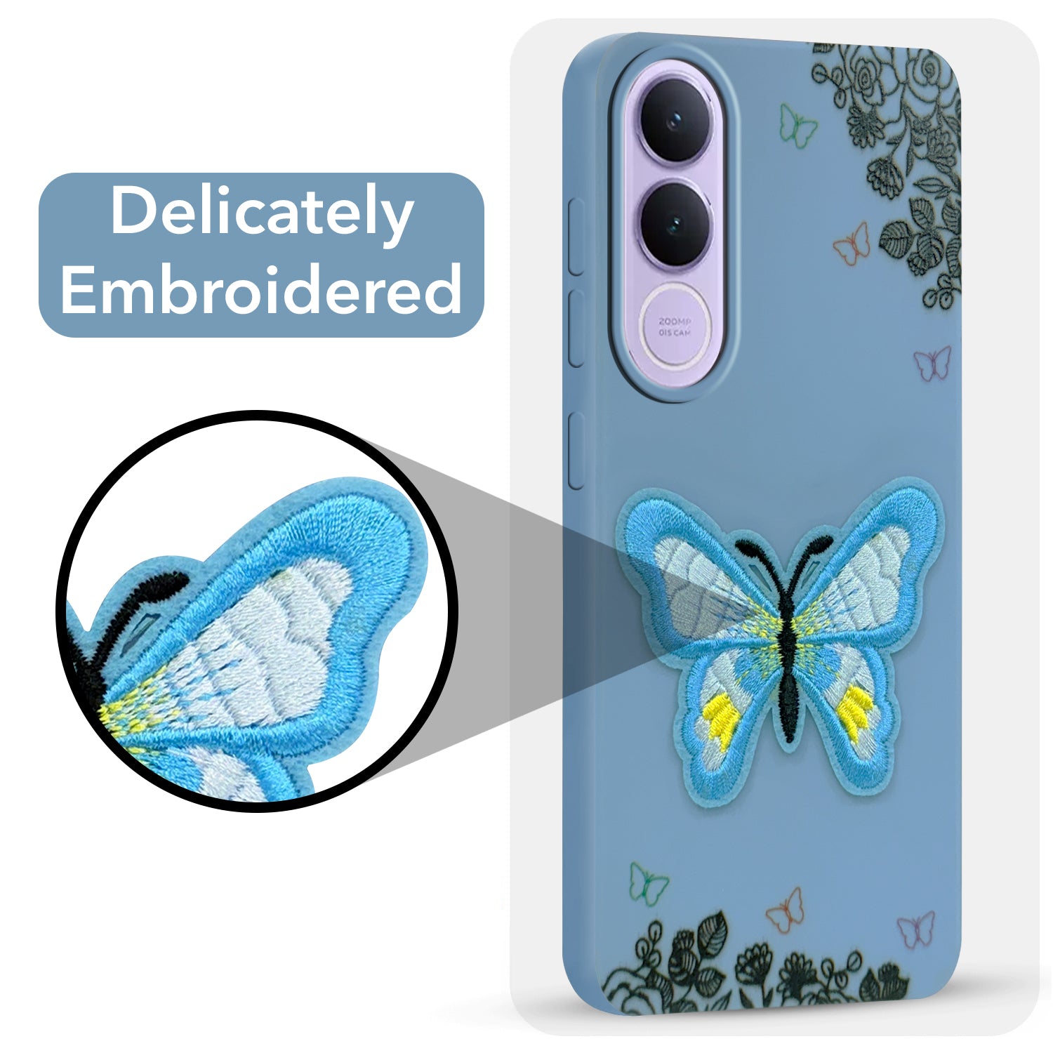 For Vivo V70 FE 5G Back Cover Case (Soft Butterfly Embroidery | Women Teen Girls | Camera Protection| Matte Silicone)