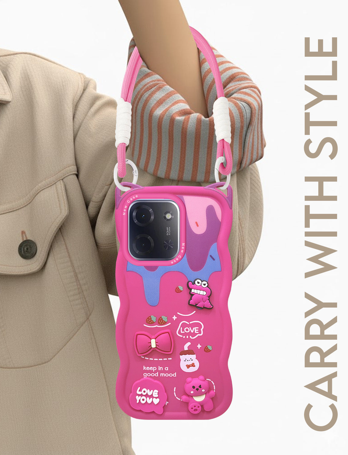 For Poco C85 5G Back Case Cover Strap (3D Embossed Figures | Strap Holder | 360* Soft Cushion with Camera Bump)