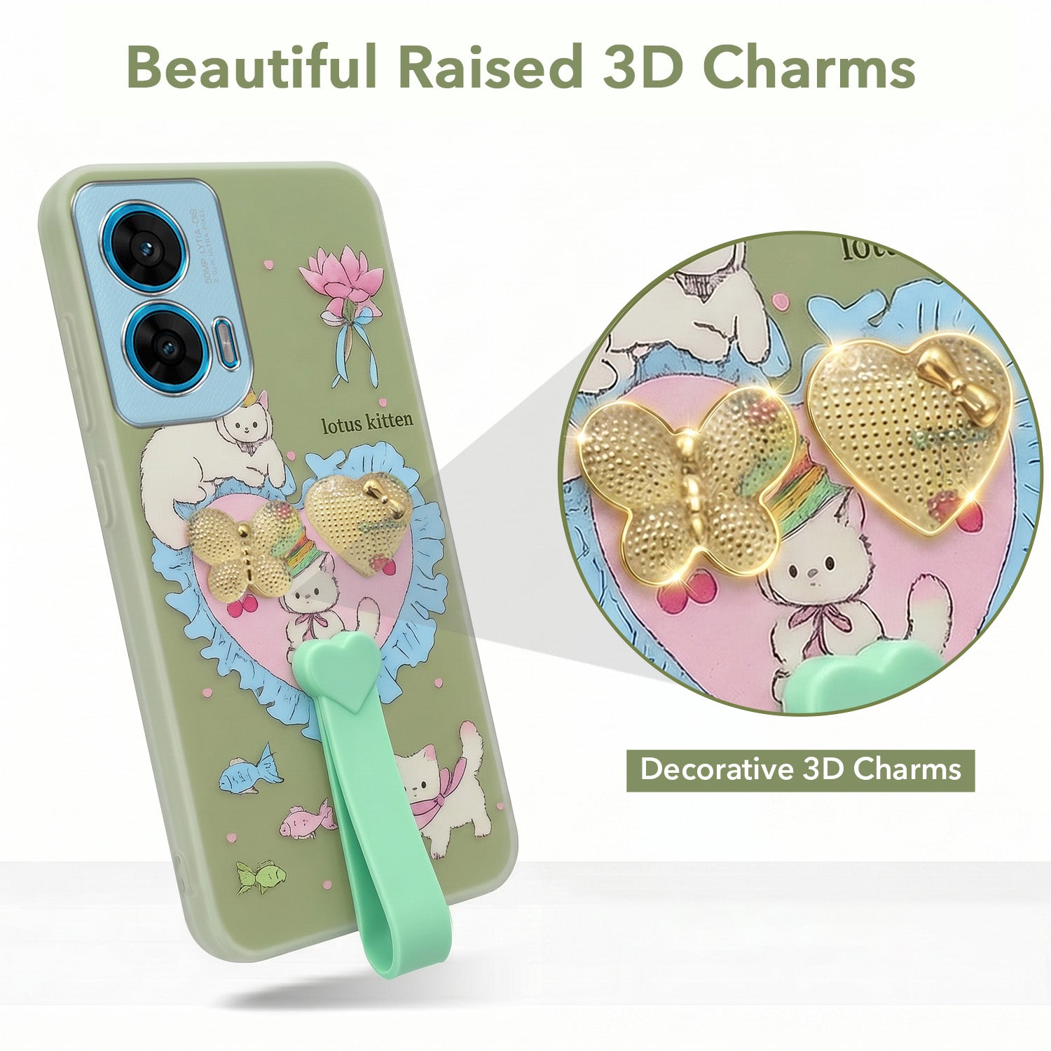 For Motorola Moto G96 Back Cover Case (3D Cute Heart Strap Holder | Camera Protection | Designer Girls Print)