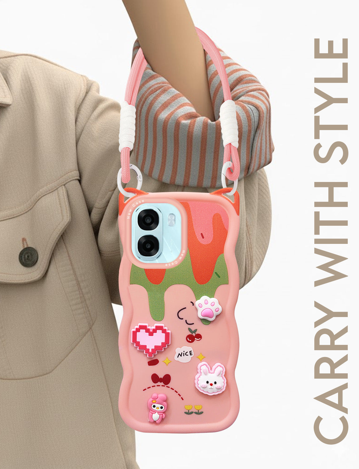 For Oppo A6X | Oppo A6S Back Case Cover Strap (3D Embossed Figures | Strap Holder | 360* Soft Cushion with Camera Bump)