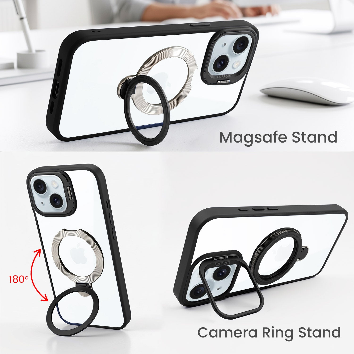For Apple iPhone 15 Back Cover Case Crystal (Lifetime Anti Yellow | Magnetic Ring Stand | Camera Lens Protection | MagSafe Compatible)