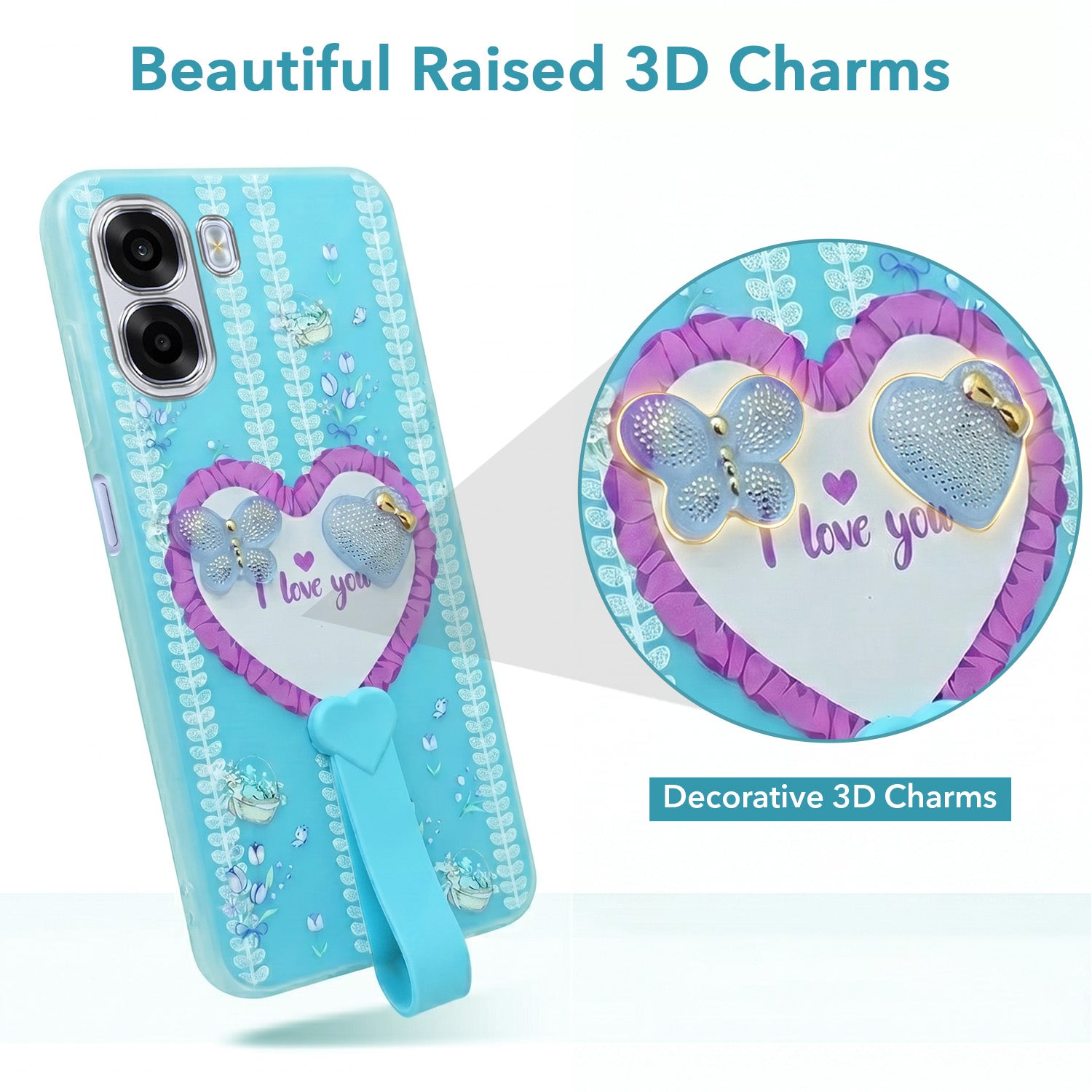 For Oppo K14x 5G Back Cover Case (3D Cute Heart Strap Holder | Camera Protection | Designer Girls Print)