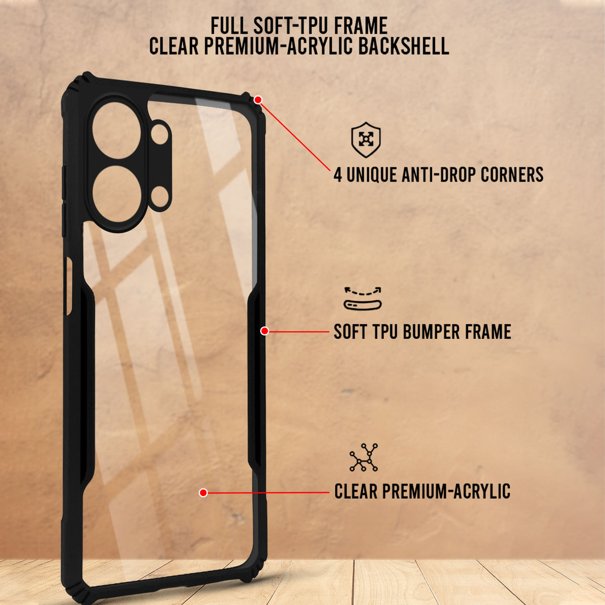 For Vivo Y05 (4G) | Vivo T5 Lite (5G) Back Cover Case Hybrid  (Shockproof with Polycarbonate Clear Panel | Professional Black)