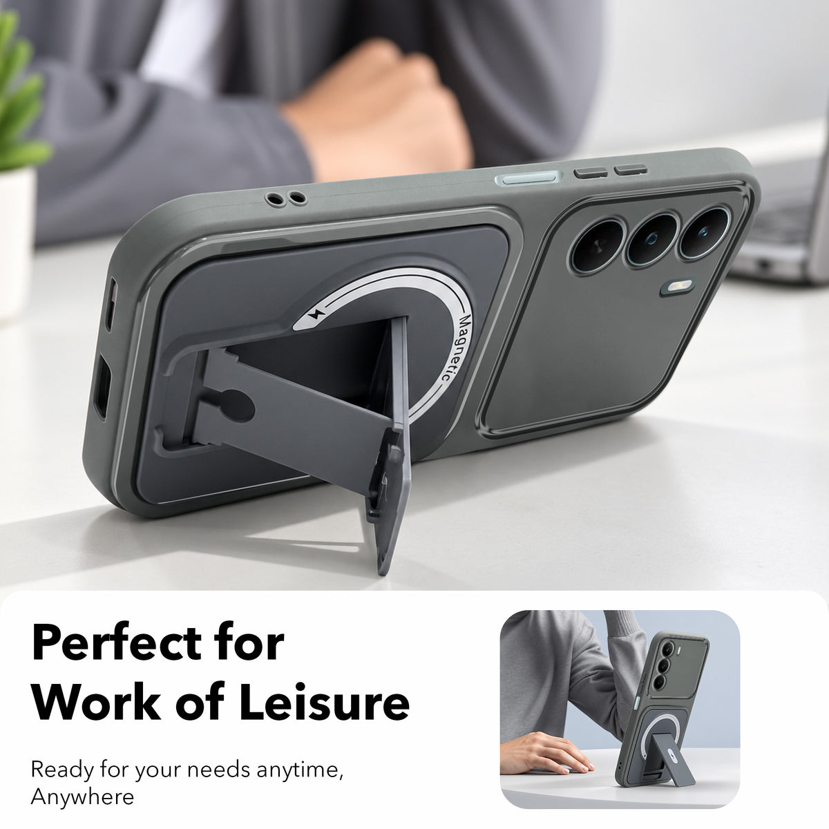 For Realme P3 Lite Back Case Cover Metallic (Hybrid Armor Kickstand | MagSafe Compatible | Camera Protection Shockproof)