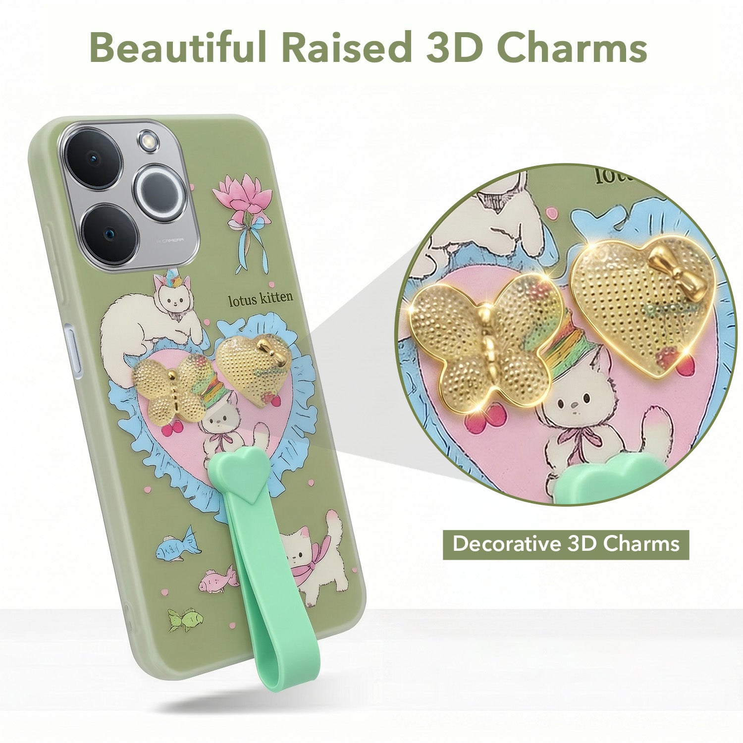 For Realme P4 Lite | Realme Narzo 80 Lite 4G Back Cover Case (3D Cute Heart Strap Holder | Camera Protection | Designer Girls Print)