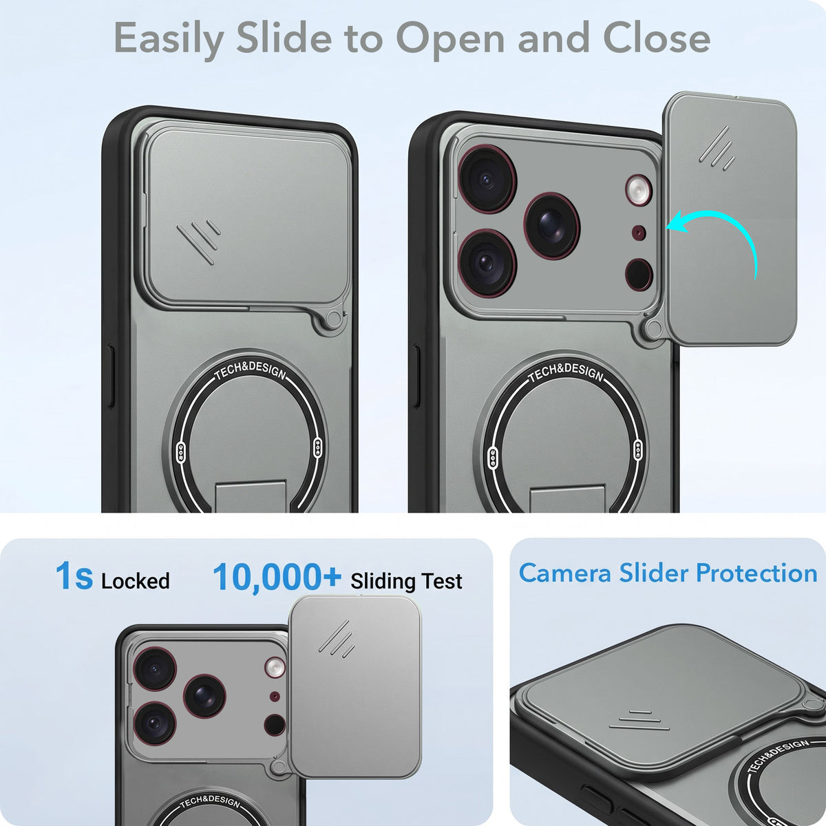 For Apple iPhone 18 Pro Max Back Case Cover Metallic (Hybrid Armor Kickstand | Sliding Shutter Camera Protection | MagSafe Compatible)