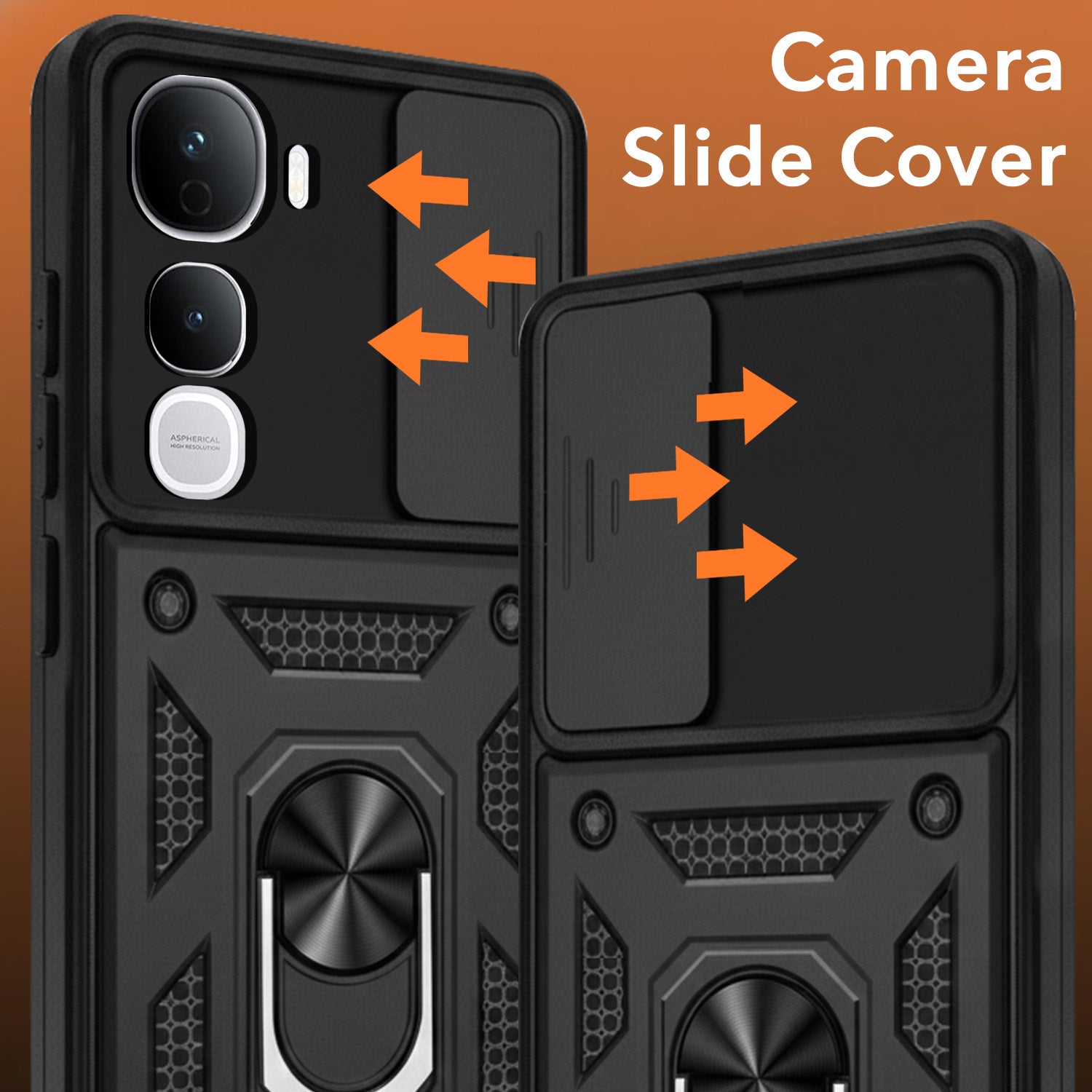 For Vivo Y400 Pro Back Cover Case Hybrid Armor (Sliding Shutter Camera Protection | Polycarbonate |Ring Holder Kickstand)
