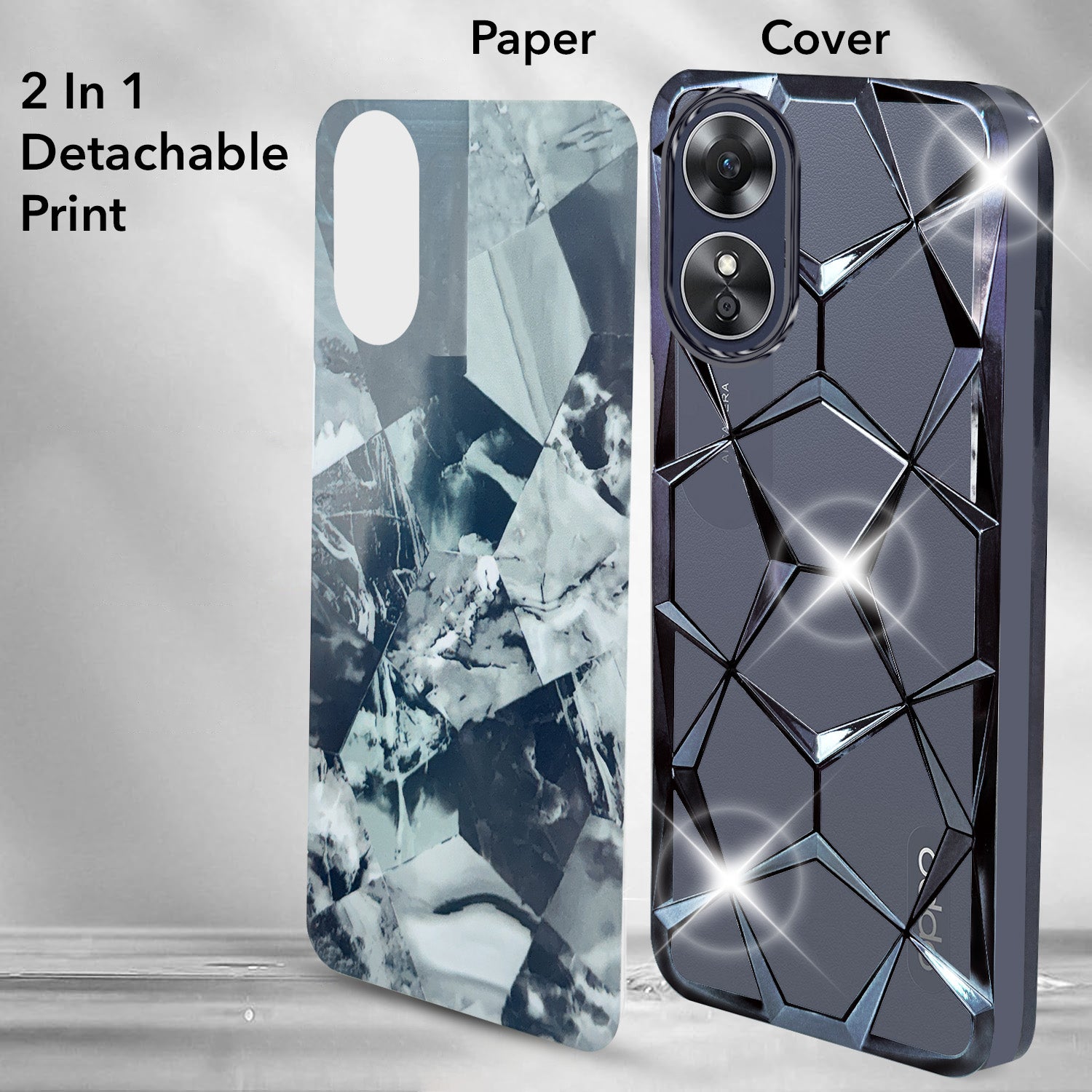 For Oppo A17 Back Cover Case Compatible 3D Silicone (Dual Design Glitter Sparkle and Detachable Diamond Print Case | Soft and Flexible)