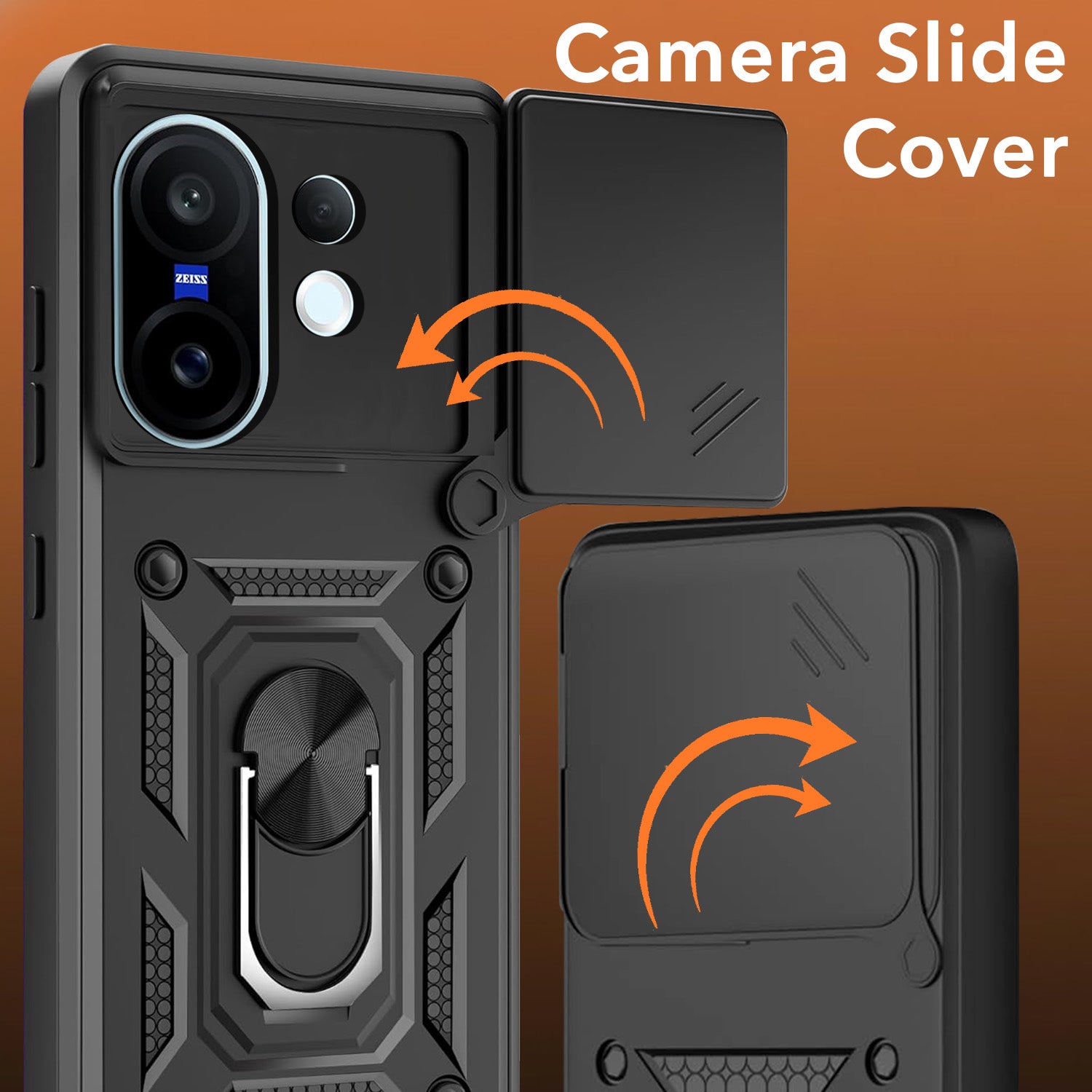 For Vivo X200 FE Back Cover Case (Sliding Shutter Camera Protection | Polycarbonate |Ring Holder Kickstand)
