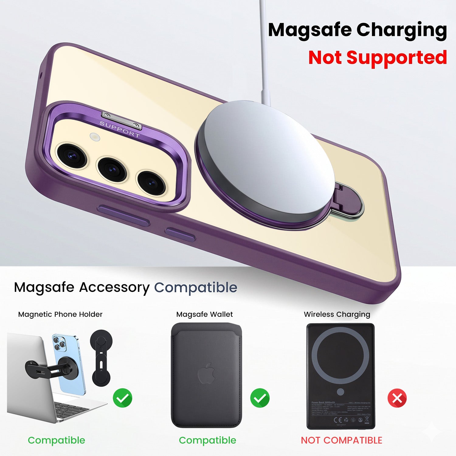 For Samsung Galaxy S24 Back Cover Case Crystal (Lifetime Anti Yellow | Magnetic Ring Stand | Camera Lens Protection | MagSafe Compatible)