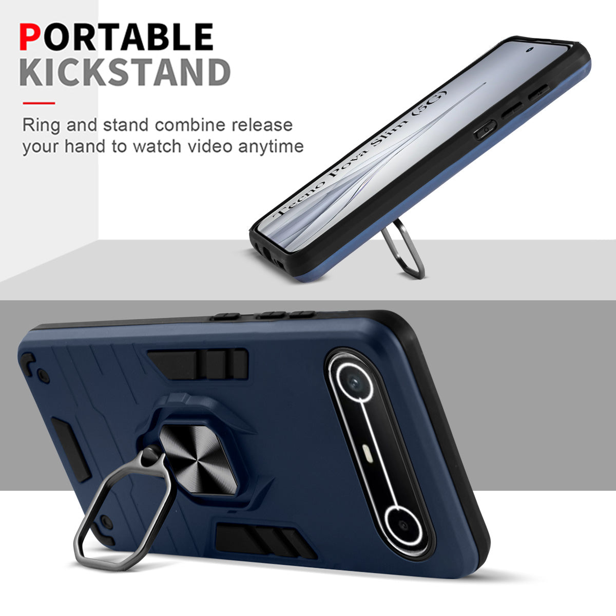 For Tecno Pova Slim Back Cover Case Hybrid Armor (Shockproof Dual Layer Polycarbonate |Ring Holder Kickstand)