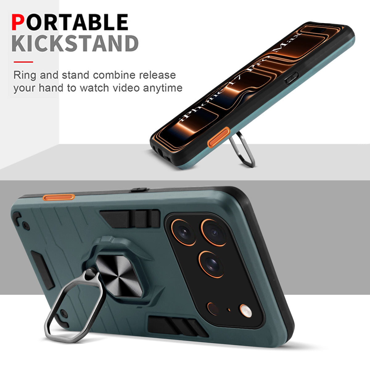 For Apple iPhone 17 Pro Max Back Cover Case (Shockproof Dual Layer Polycarbonate |Ring Holder Kickstand)