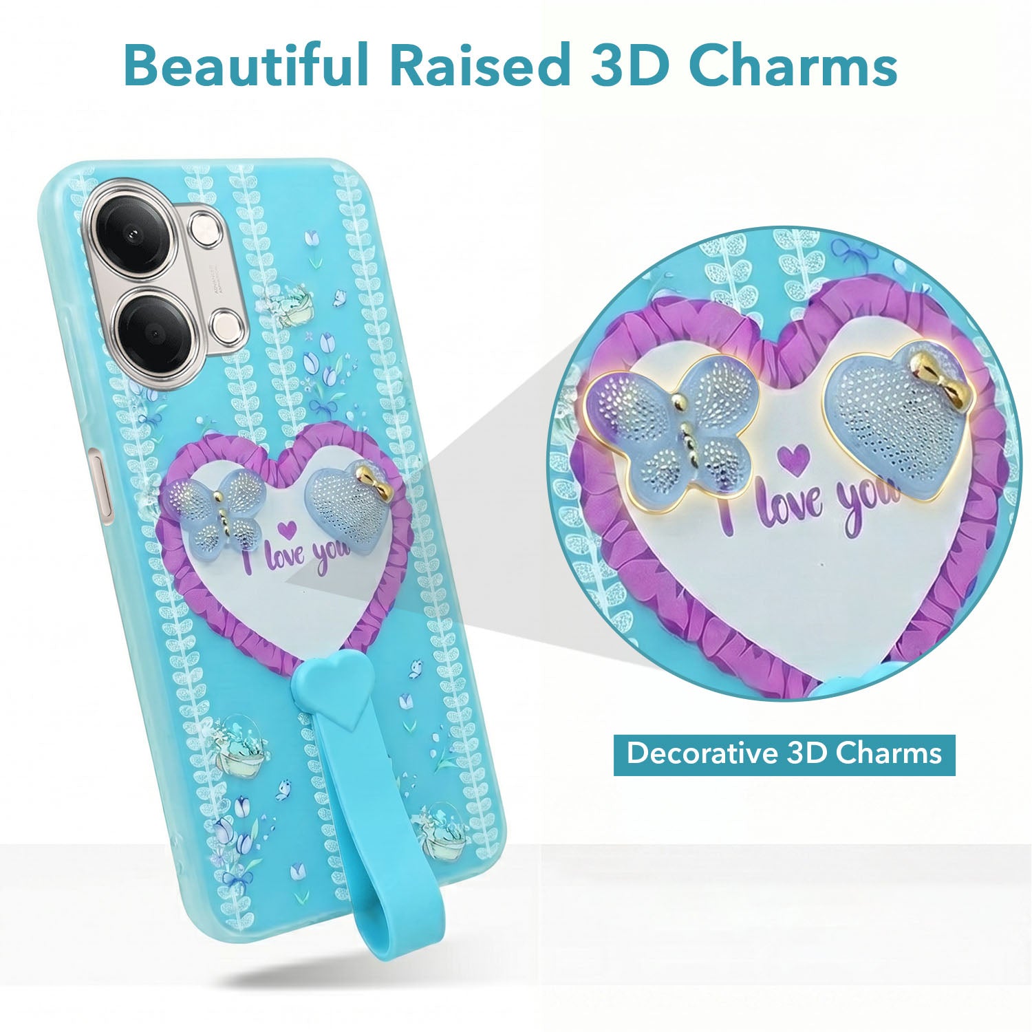For Vivo Y11 | Vivo Y21 5G Back Cover Case (3D Cute Heart Strap Holder | Camera Protection | Designer Girls Print)